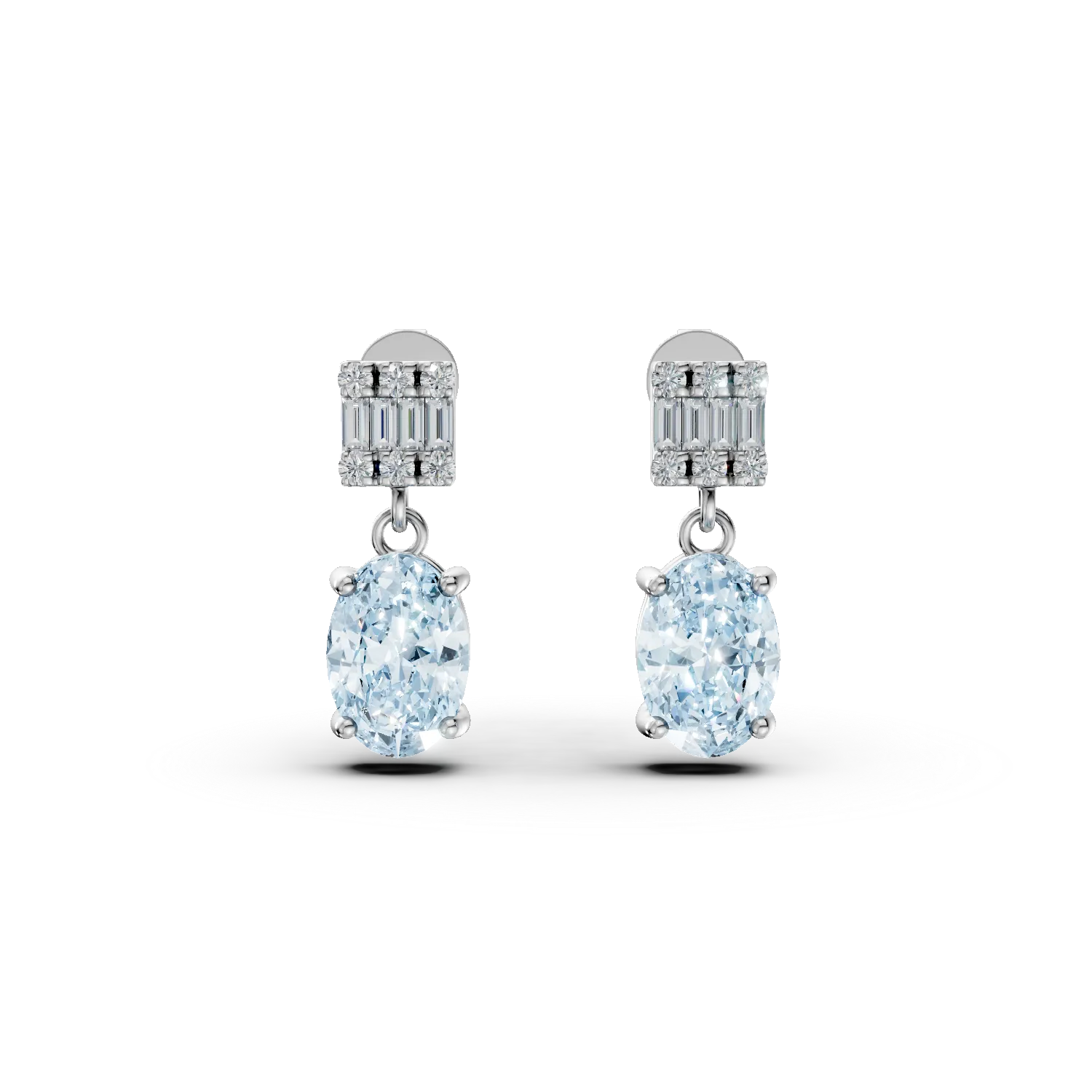 Cercei geometrici din aur alb cu acvamarine ovale de 1.3ct si diamante de 0.1ct