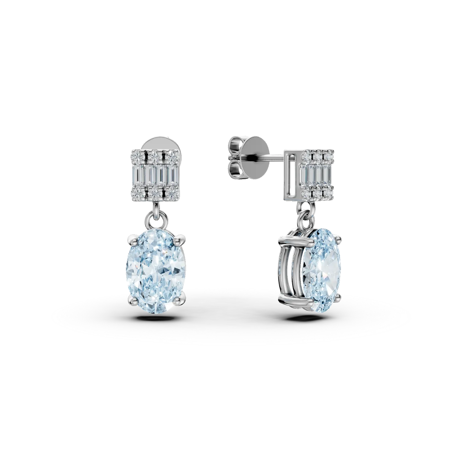 Cercei geometrici din aur alb cu acvamarine ovale de 1.3ct si diamante de 0.1ct