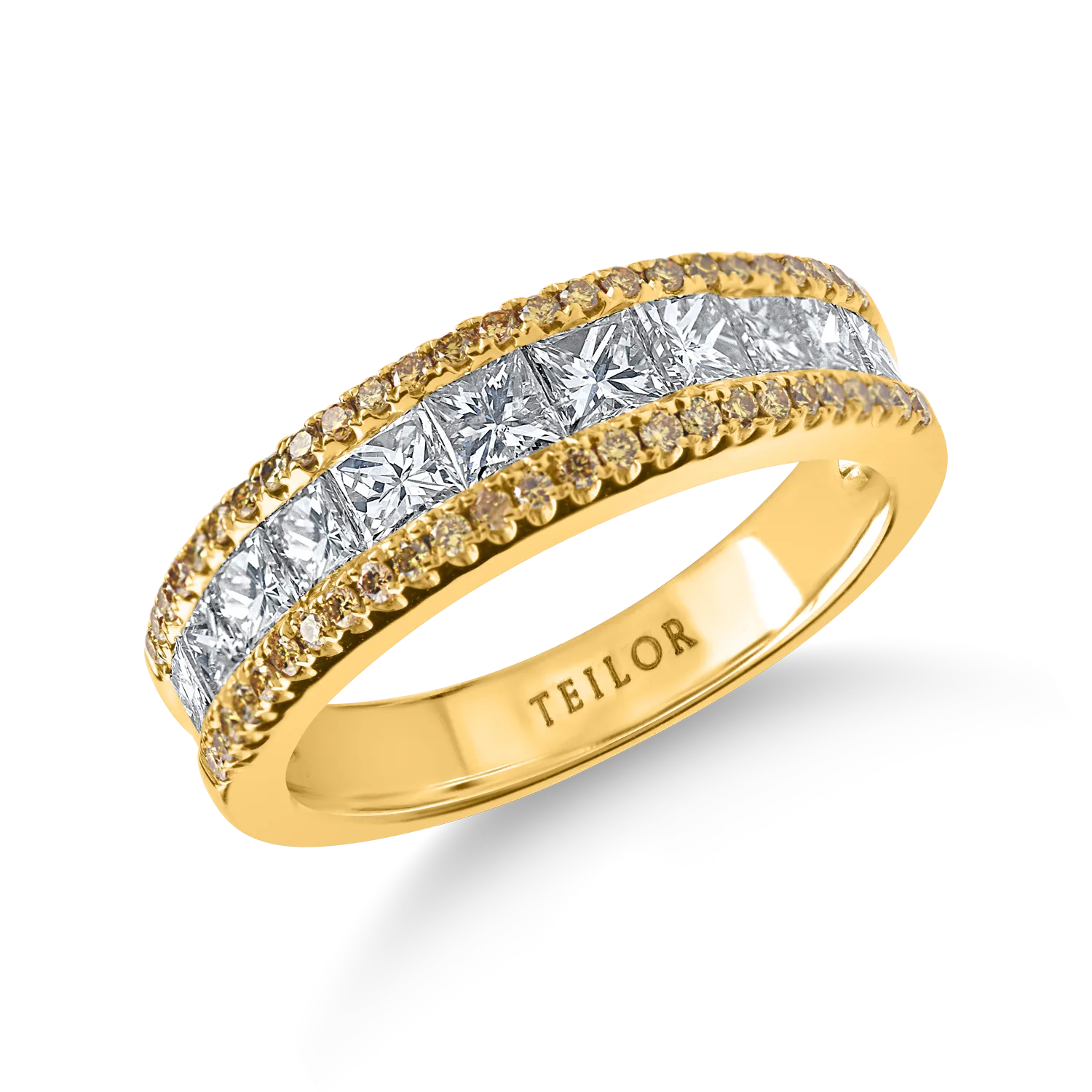 Inel semi-eternity din aur galben cu diamante galbene si incolore de 1.4ct