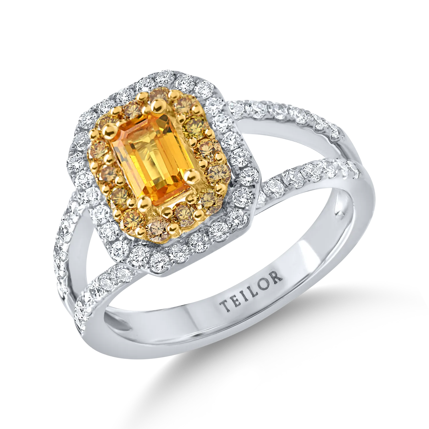 Inel din aur alb-galben cu un safir galben octogonal de 0.6ct si diamante de 0.7ct