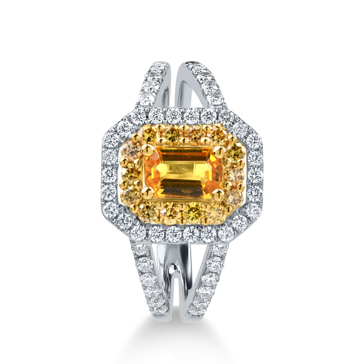 Fehér-sárga arany gyűrű 0.6 ct sárga zafírral és 0.7 ct gyémánttal