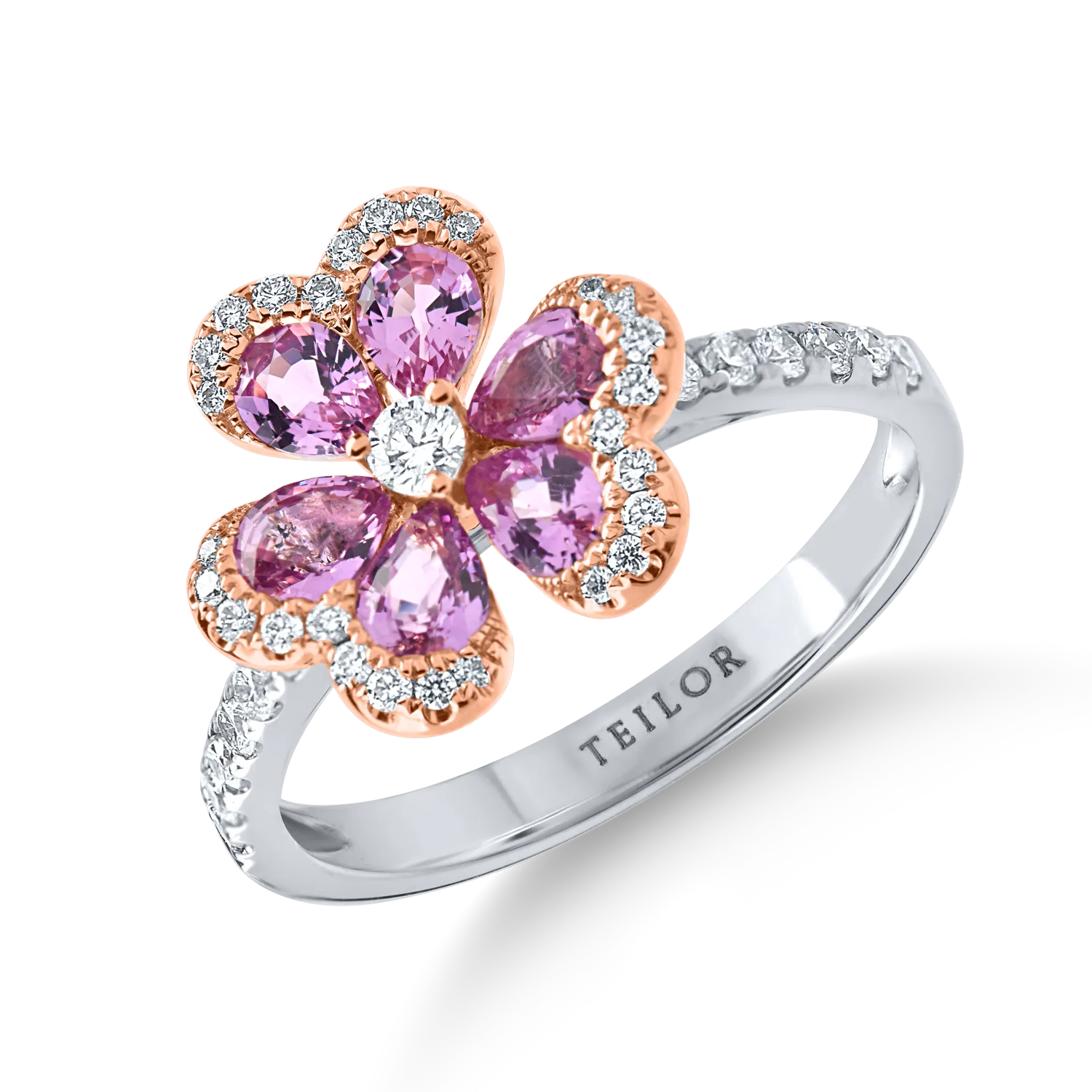 Inel floare din aur alb-roz cu safire roz de 0.6ct si diamante de 0.36ct-190953
