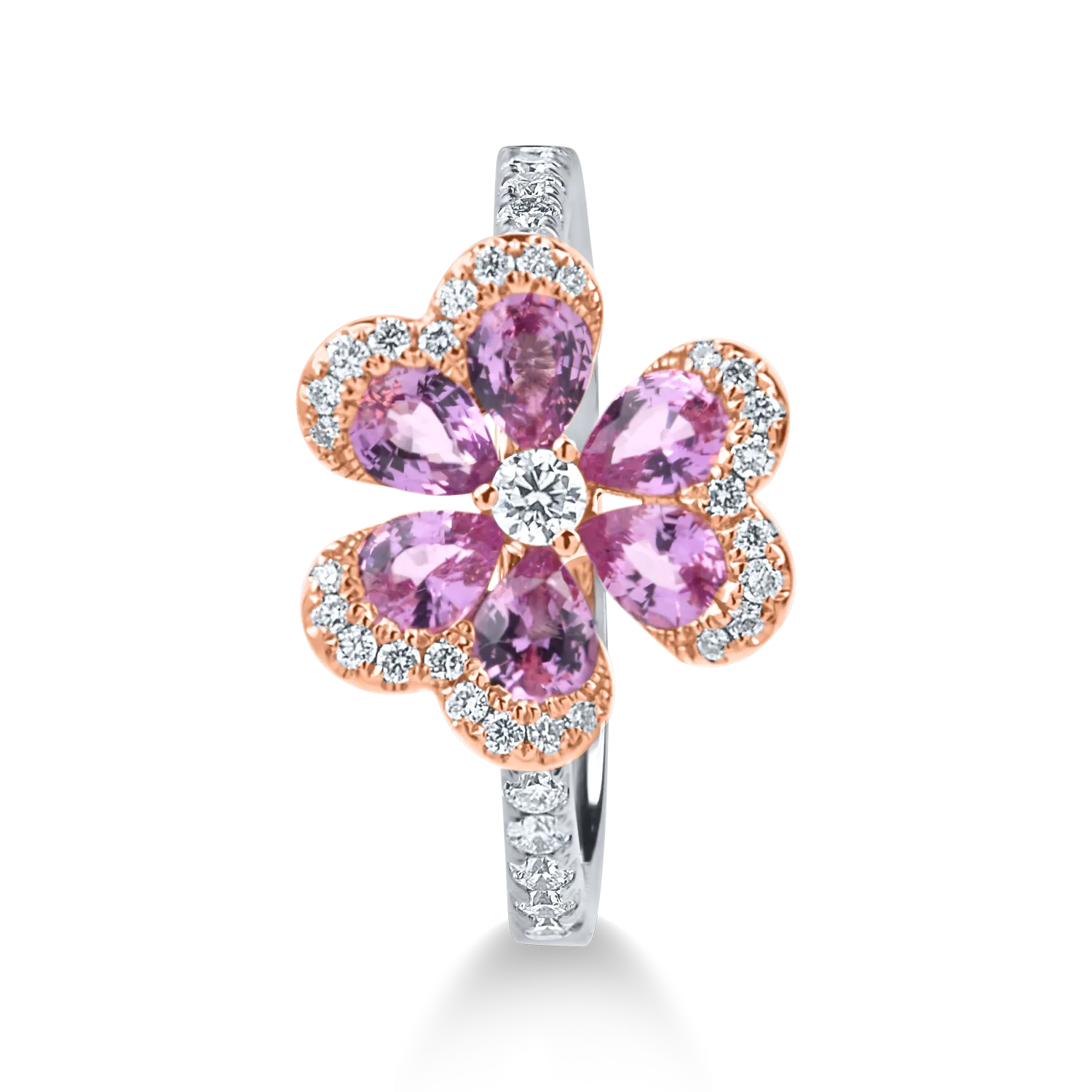 Inel floare din aur alb-roz cu safire roz de 0.6ct si diamante de 0.36ct