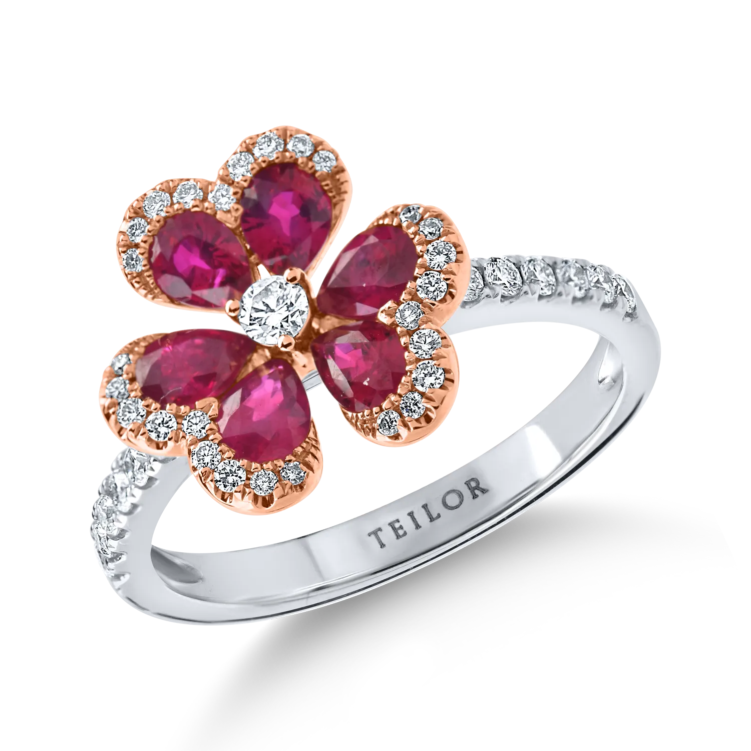 Inel floare din aur alb-roz cu rubine de 1ct si diamante de 0.3ct