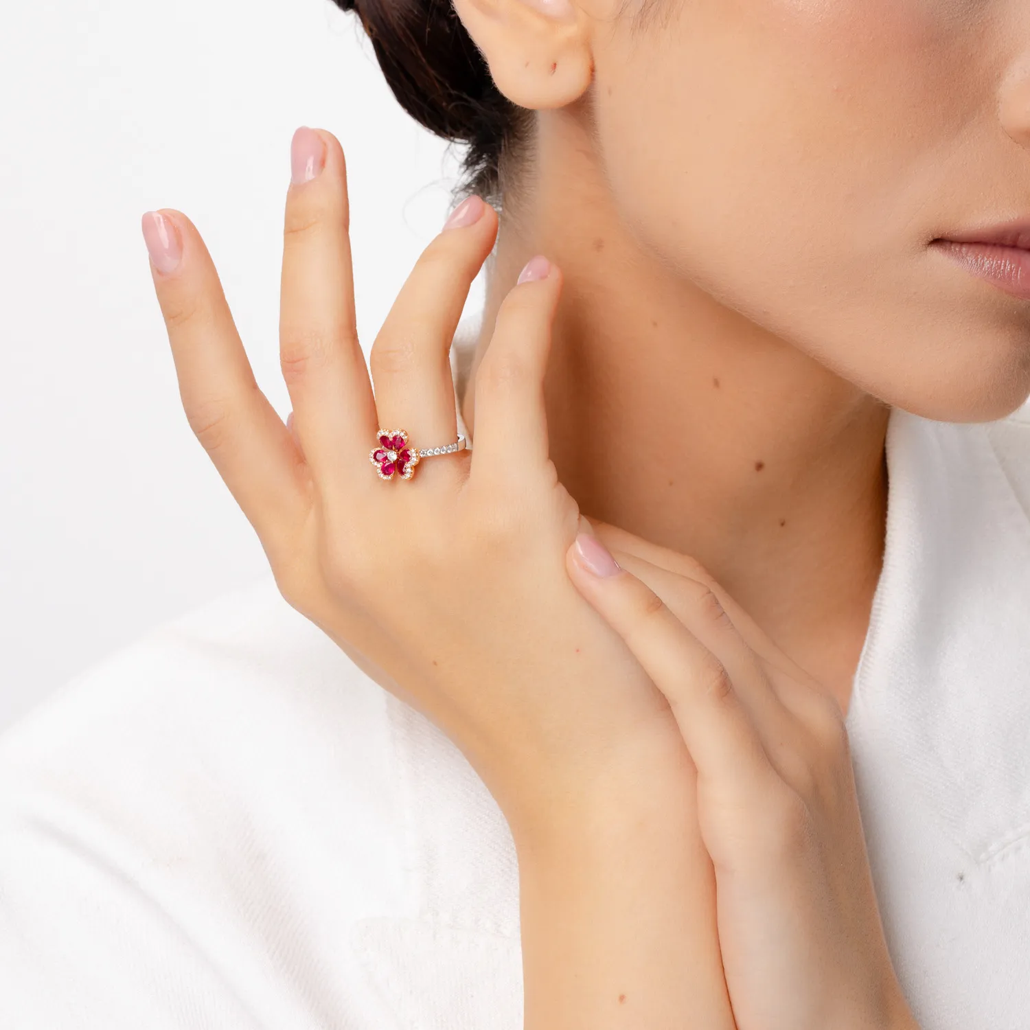 White-rose gold flower ring with 1ct rubies and 0.3ct diamonds