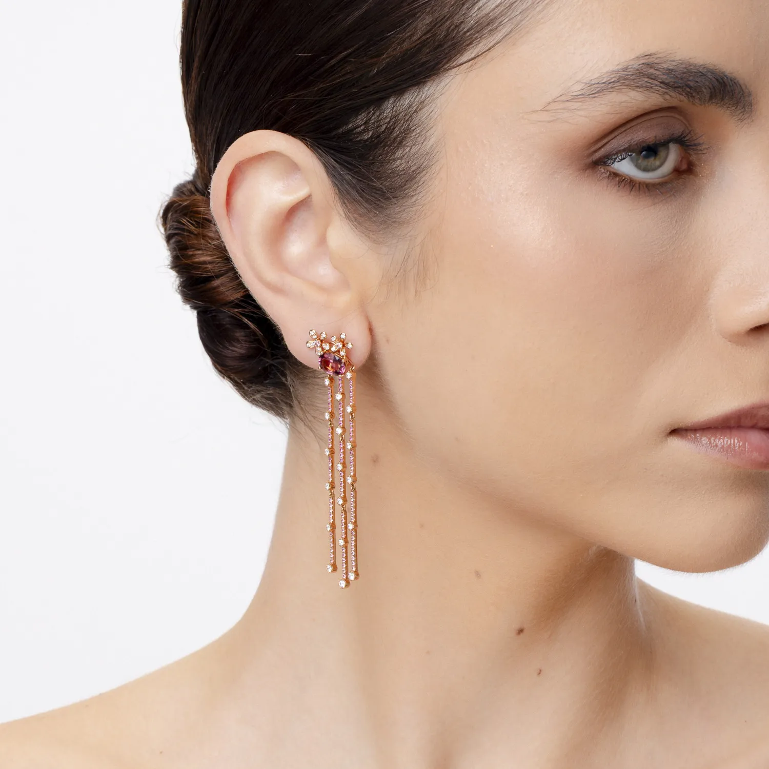 Rose gold long earrings with 5.2ct precious and semi-precious stones