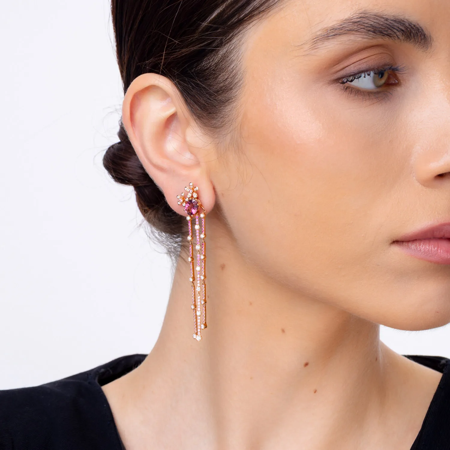 Cercei lungi din aur roz cu pietre pretioase si semipretioase de 5.4ct