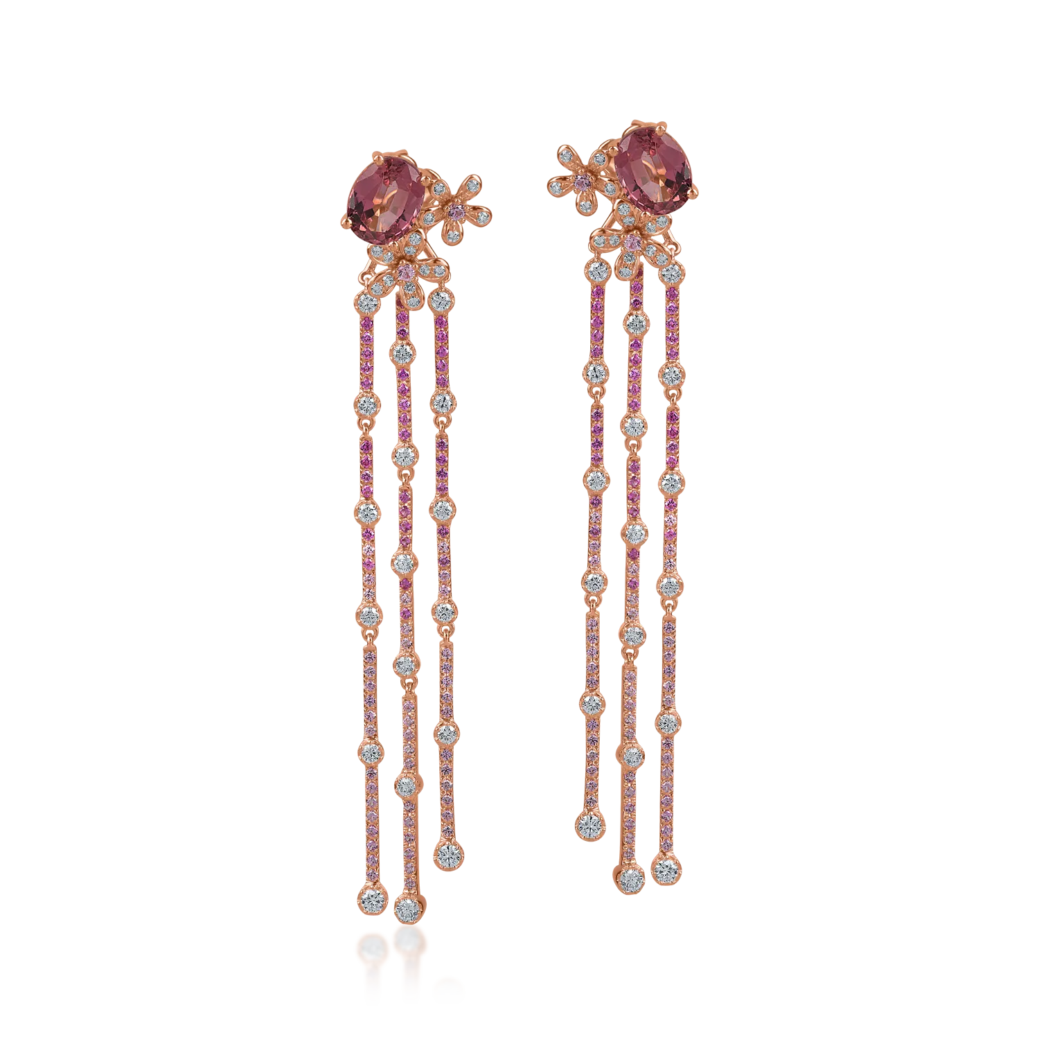 Cercei lungi din aur roz cu pietre pretioase si semipretioase de 5.7ct