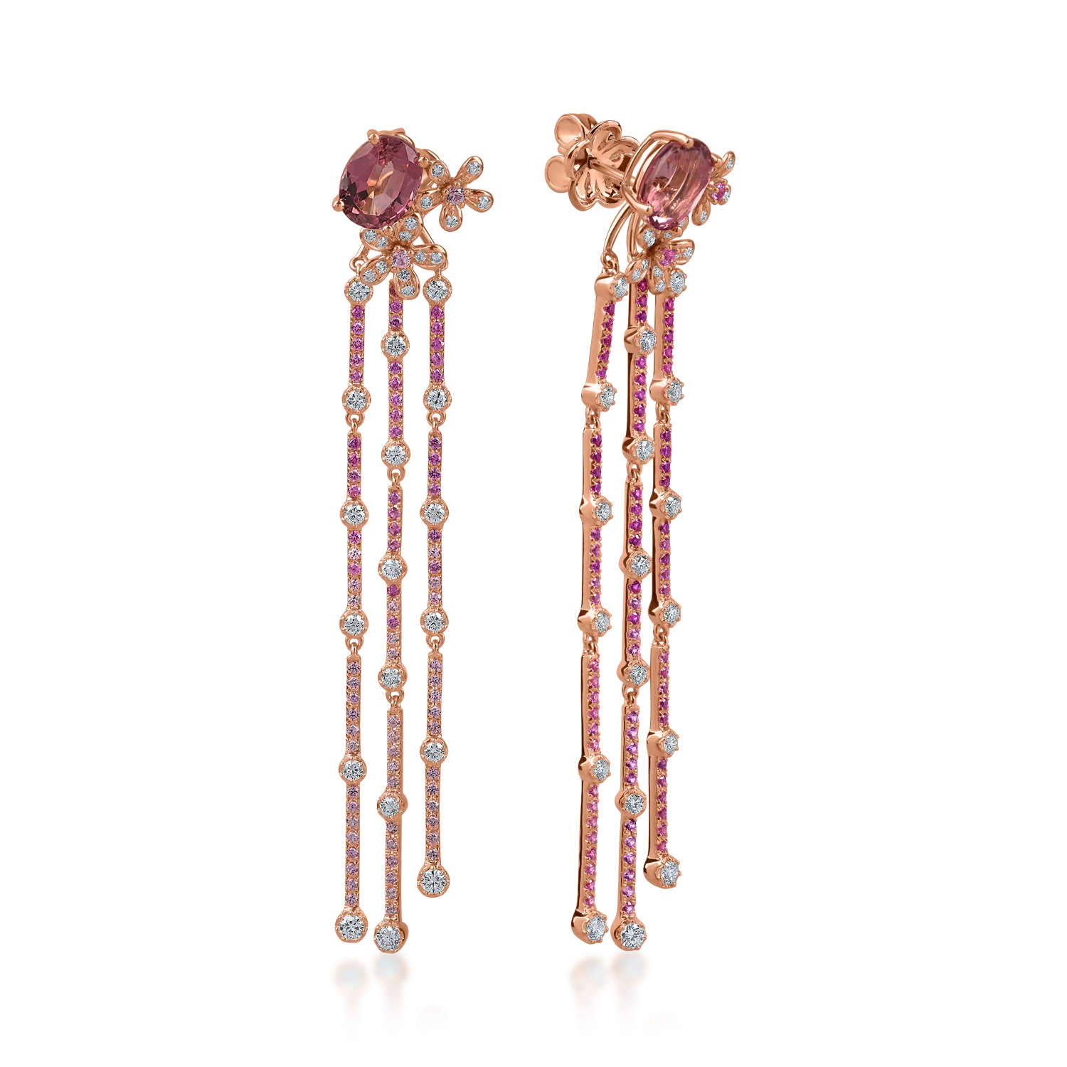 Cercei lungi din aur roz cu pietre pretioase si semipretioase de 5.7ct