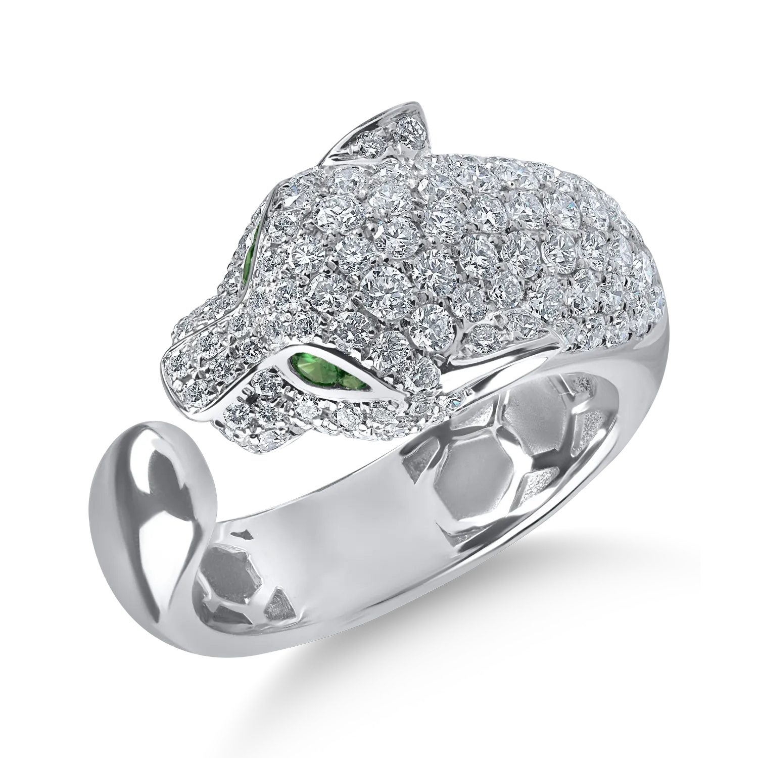 Inel deschis cu pantera din aur alb cu diamante de 1.4ct si tzavorite de 0.06ct