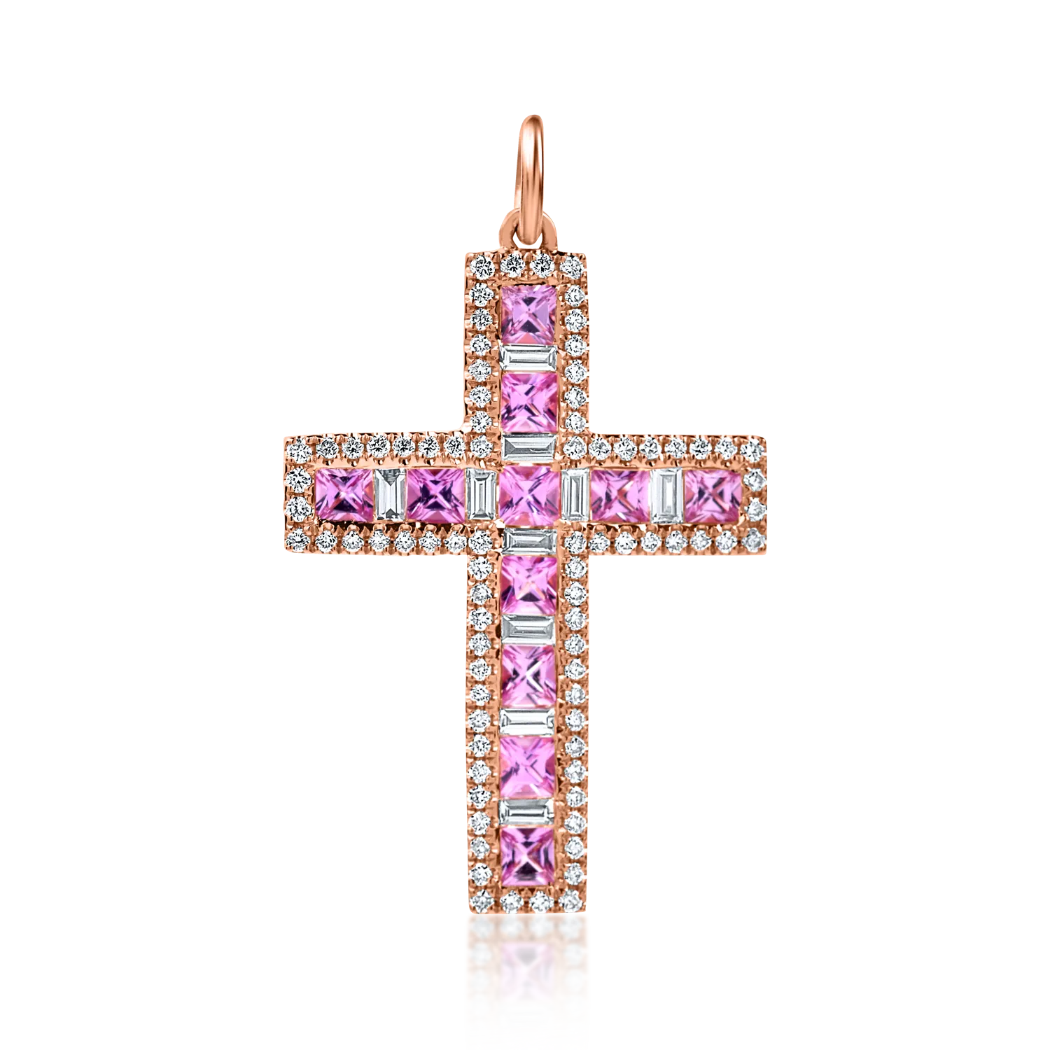 Pandantiv cruce din aur roz cu safire roz de 0.96ct si diamante de 0.58ct