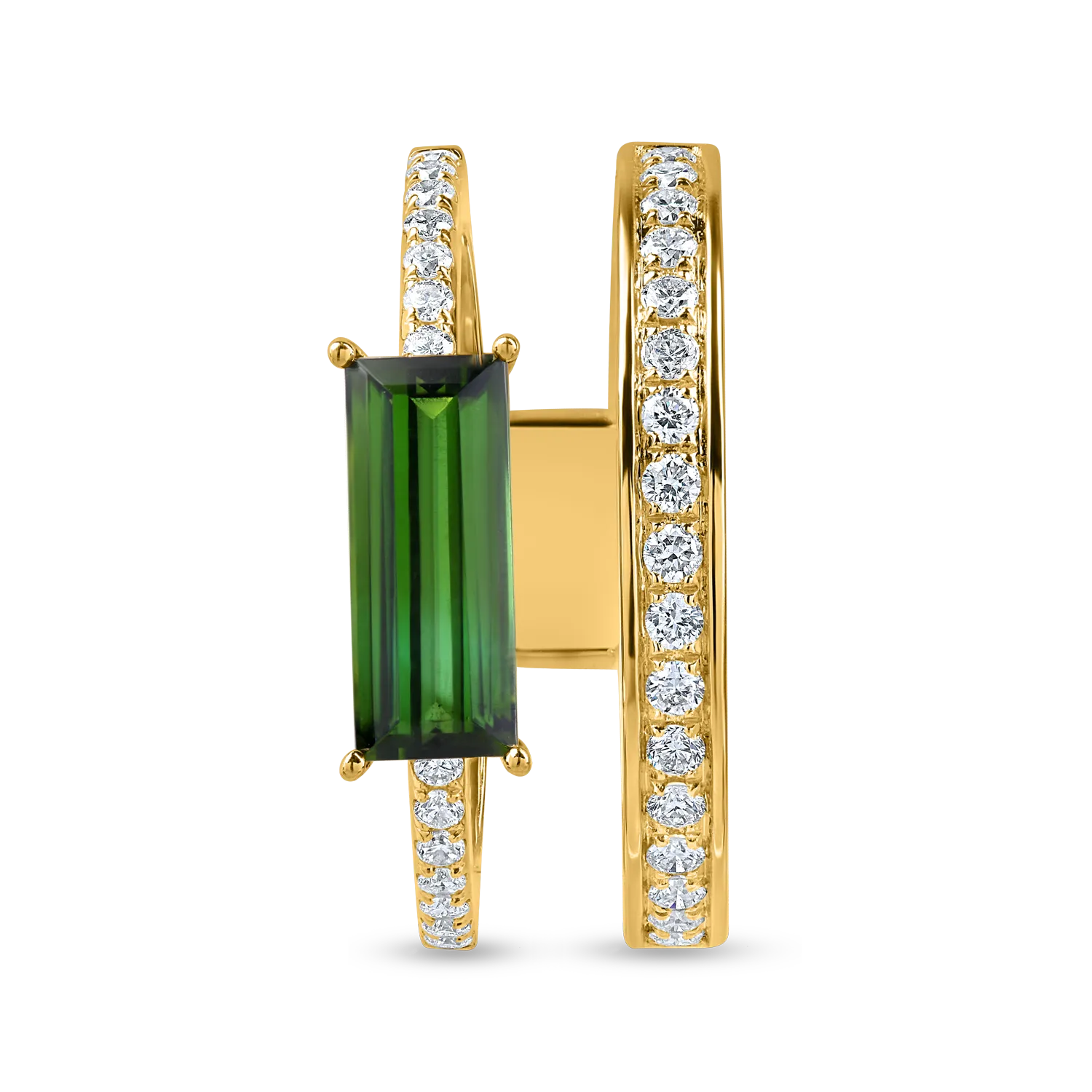 Inel dublu din aur galben cu turmalina verde rectangulara de 1.3ct si diamante de 0.3ct
