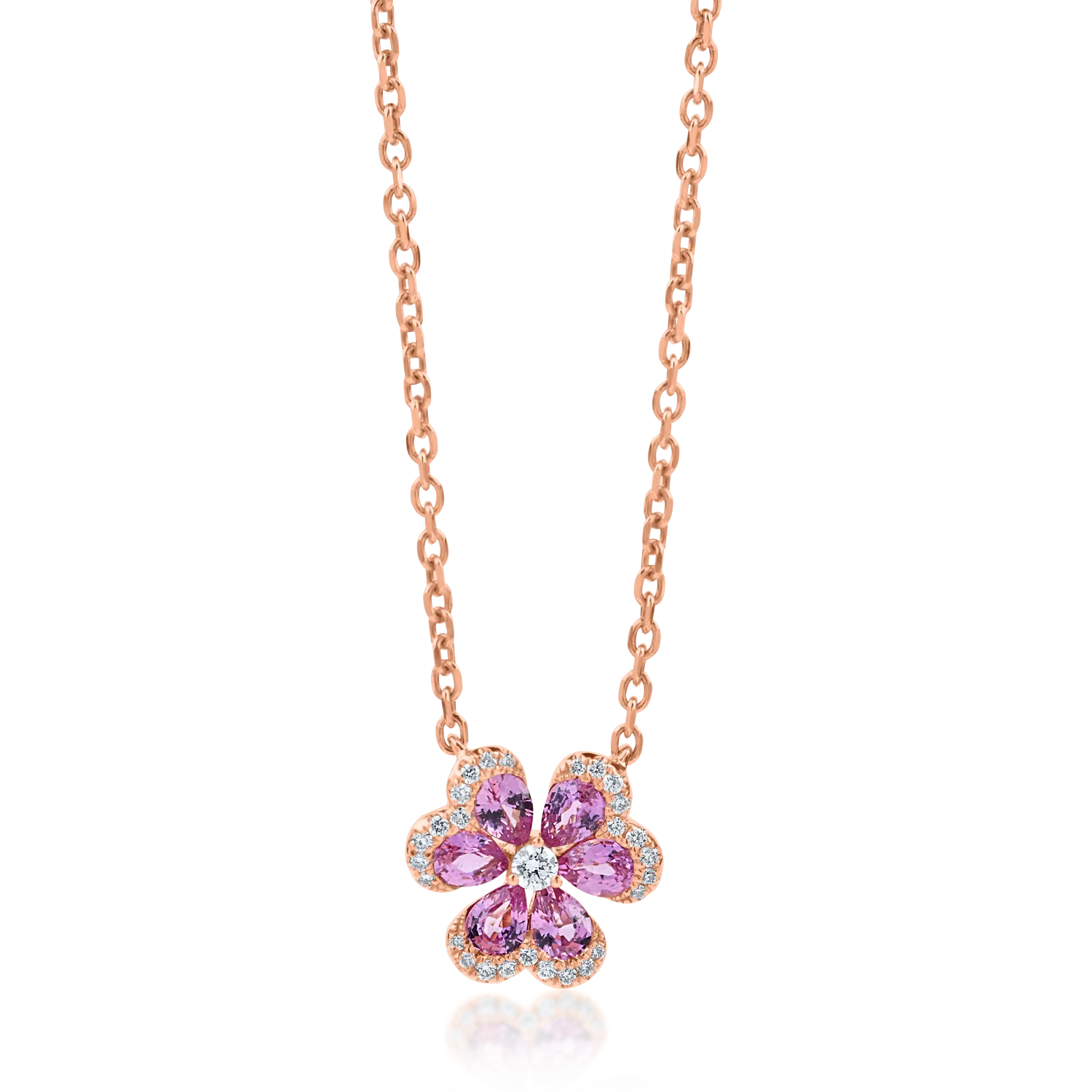 Lant cu pandantiv floare din aur roz cu safire de 1ct si diamante de 0.1ct-189661