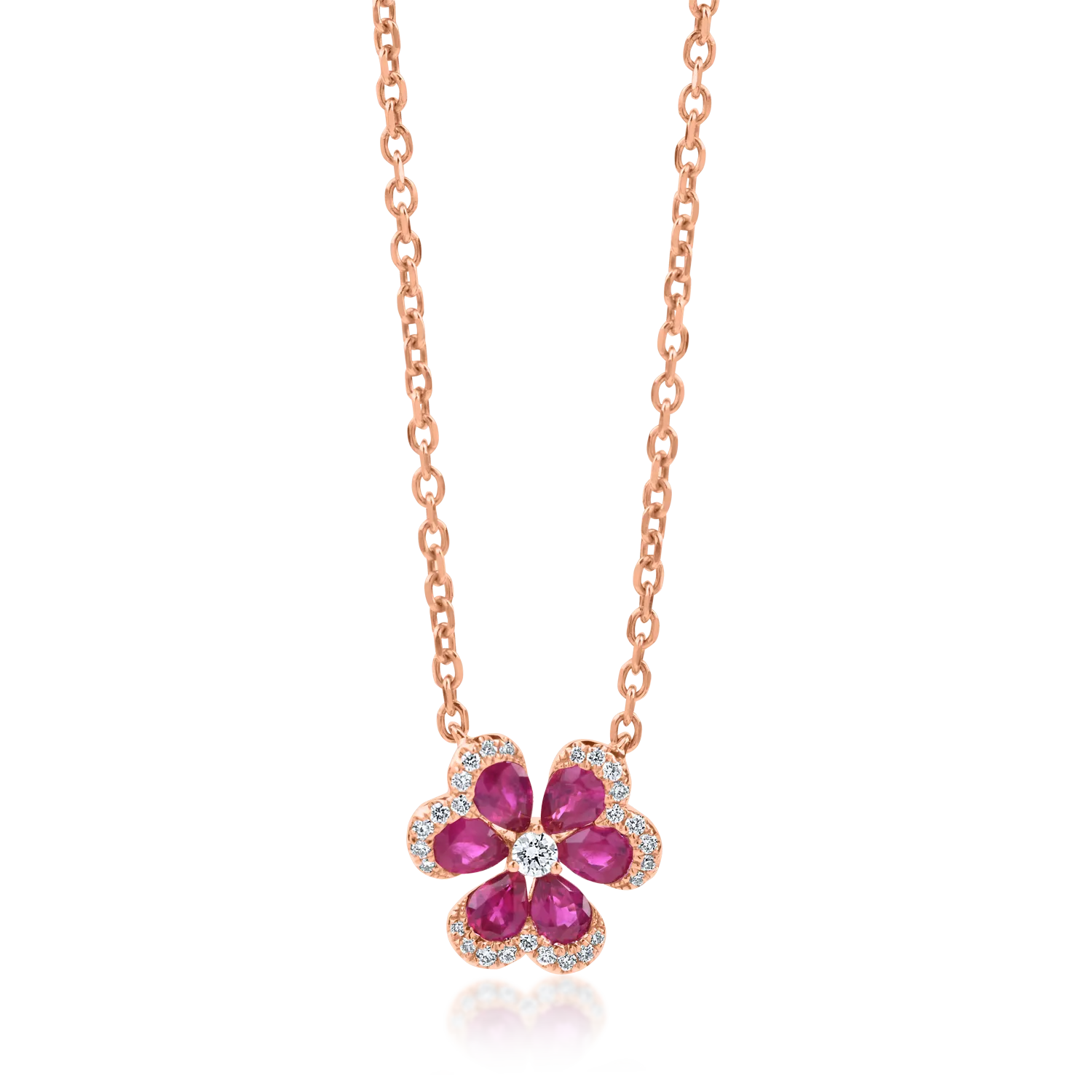 Lant cu pandantiv floare din aur roz cu rubine pear de 1ct si diamante de 0.16ct