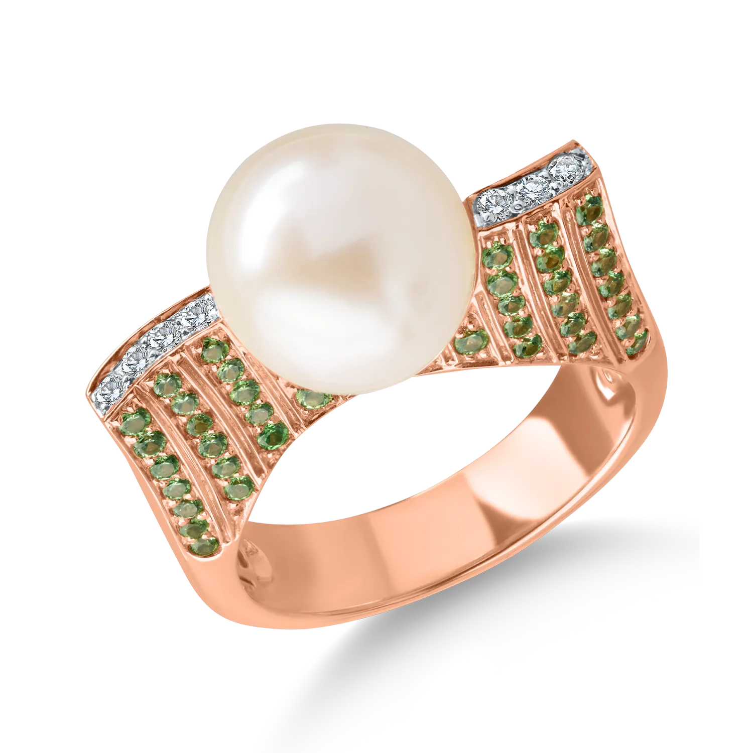 Inel din aur roz cu perla de cultura, pietre pretioase si semipretioase de 0.7ct