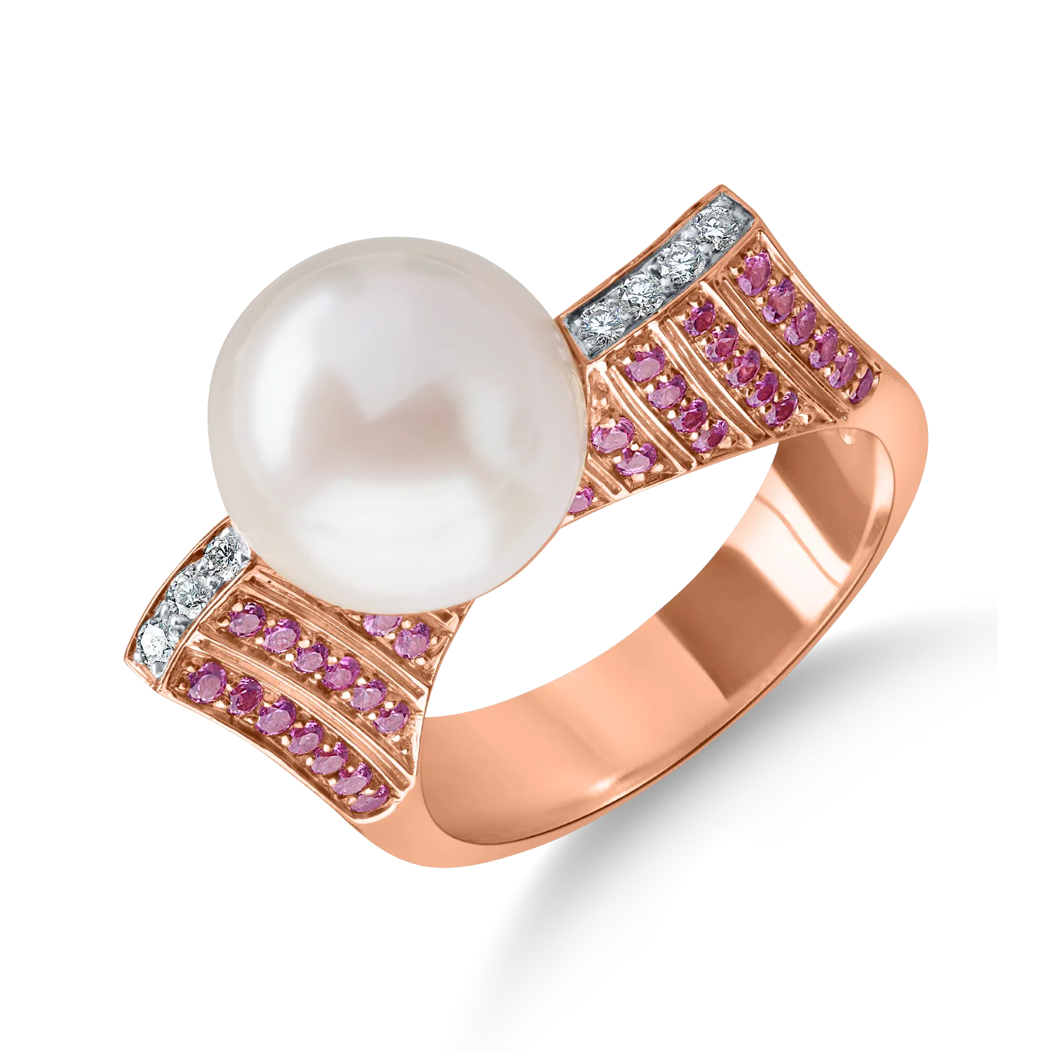 Rózsarany gyűrű 0.7ct édesvízi gyönggyel és drágakövekkel
