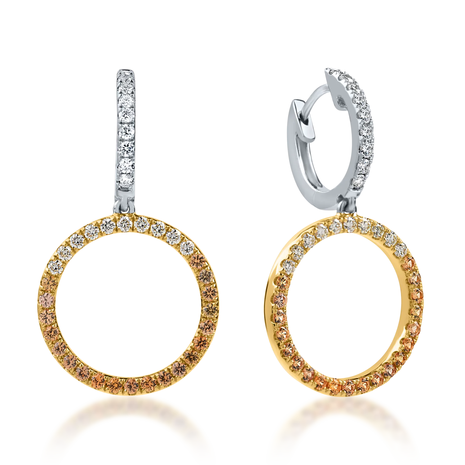 Cercei rotunzi din aur alb-galben cu safire si diamante de 0.99ct