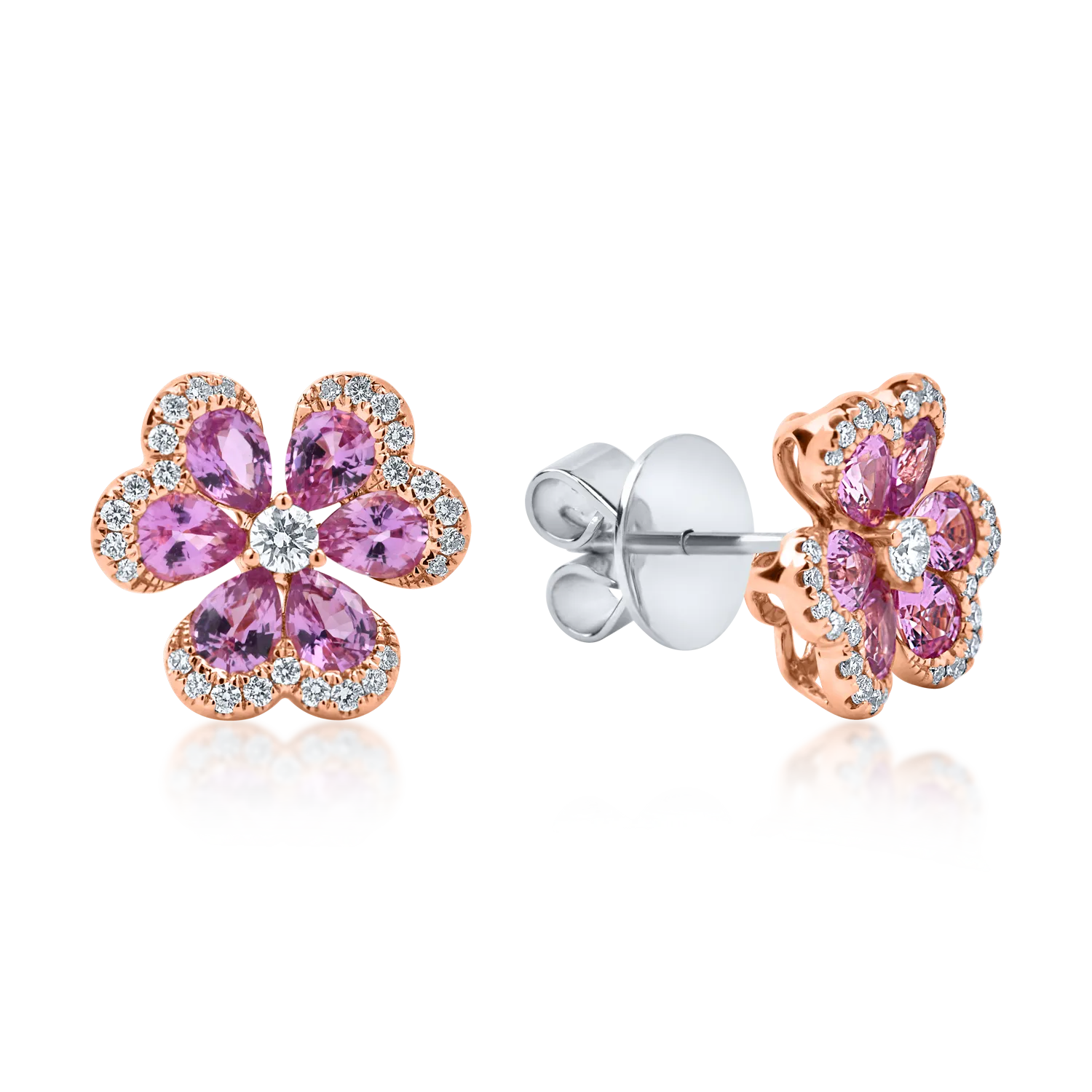 Cercei floare din aur alb-roz cu safire roz si diamante de 2.4ct