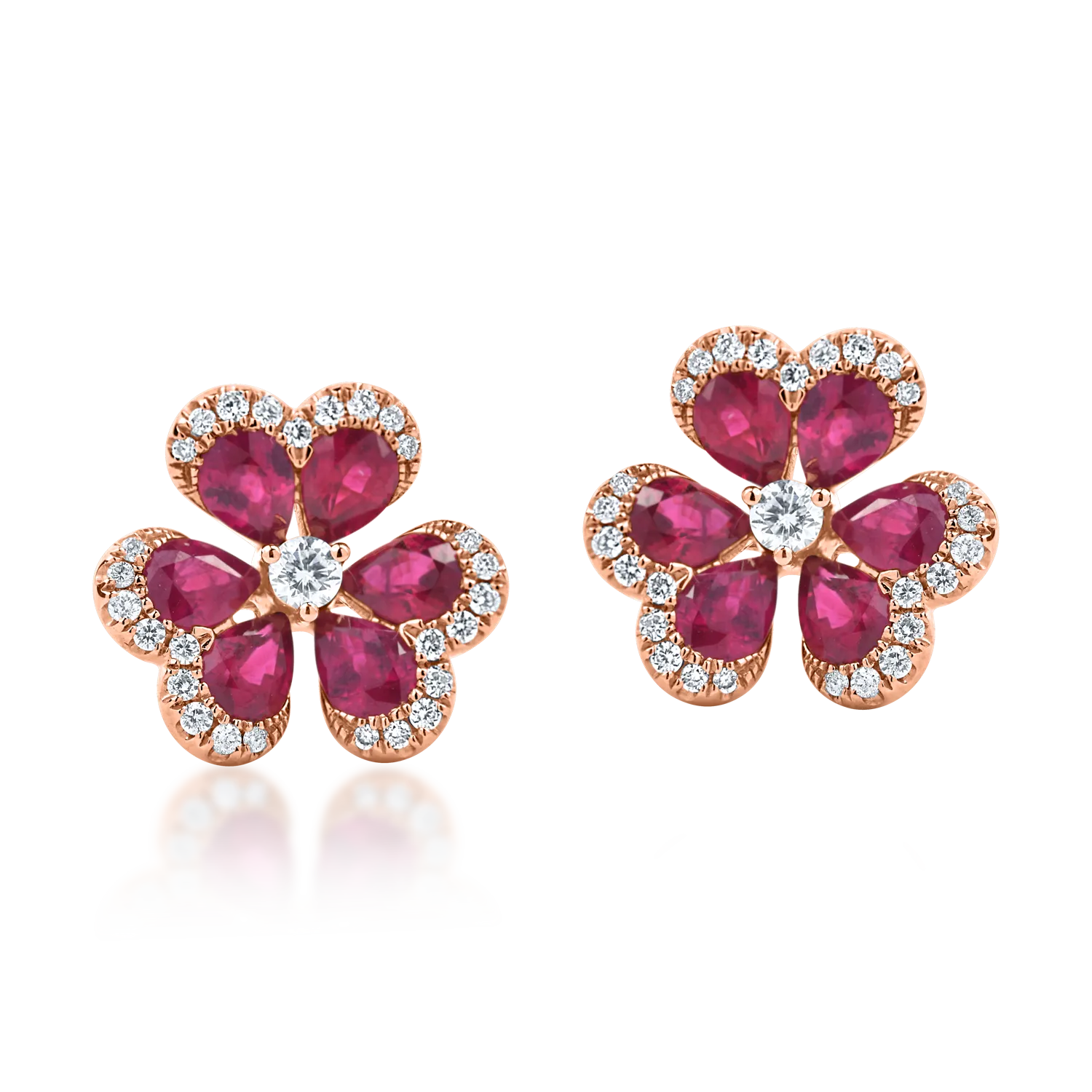 Cercei floare din aur alb-roz cu rubine si diamante de 2.5ct