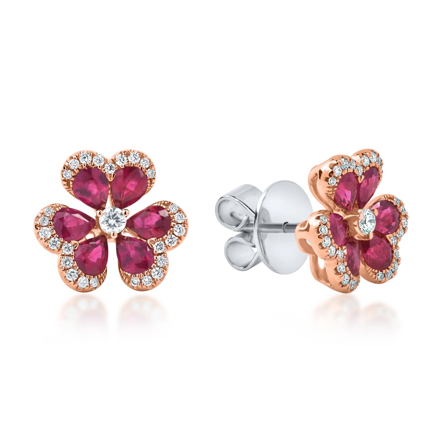 White-rose gold flower earrings with rubies and 2.5ct diamonds