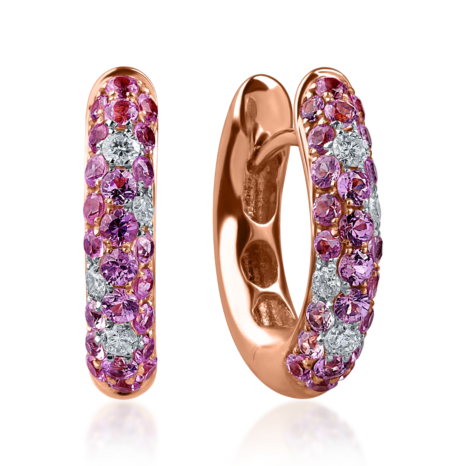 Róza arany karika fülbevaló 0.9ct rózsaszín zafírral és 0.1ct gyémánttal