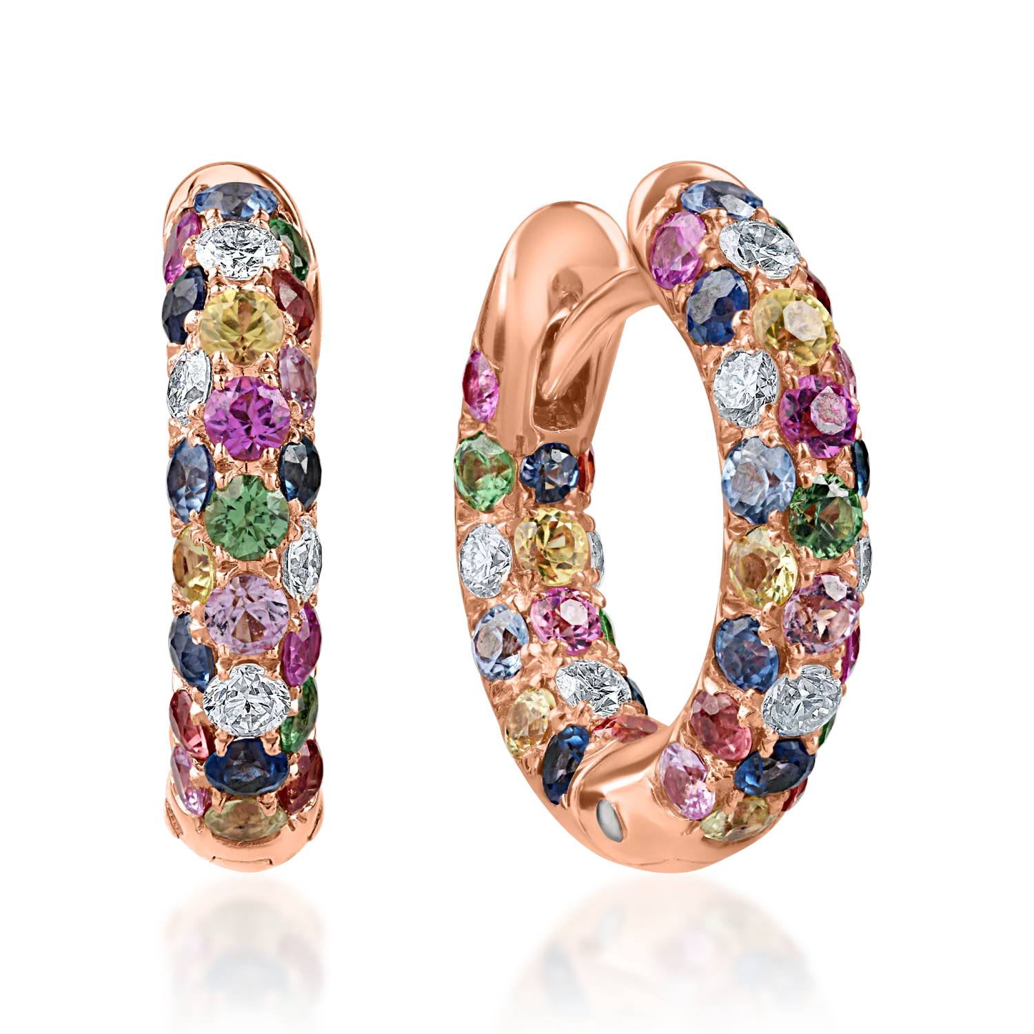 Kolczyki kółka z różowego złota z 1.5ct wielokolorowymi szafirami i 0.2ct diamentami