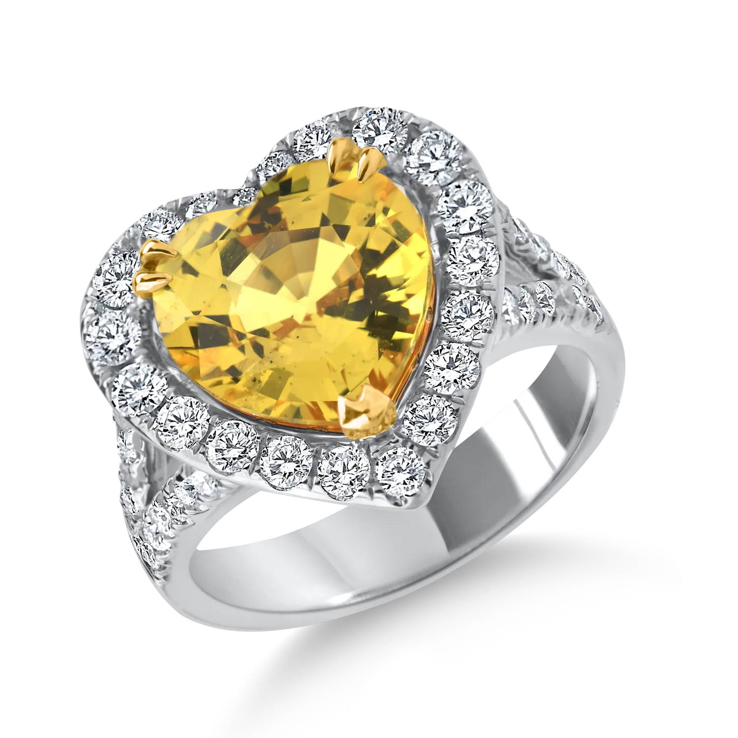 Inel inima din aur alb cu un safir galben heart de 4.6ct si diamante de 0.9ct