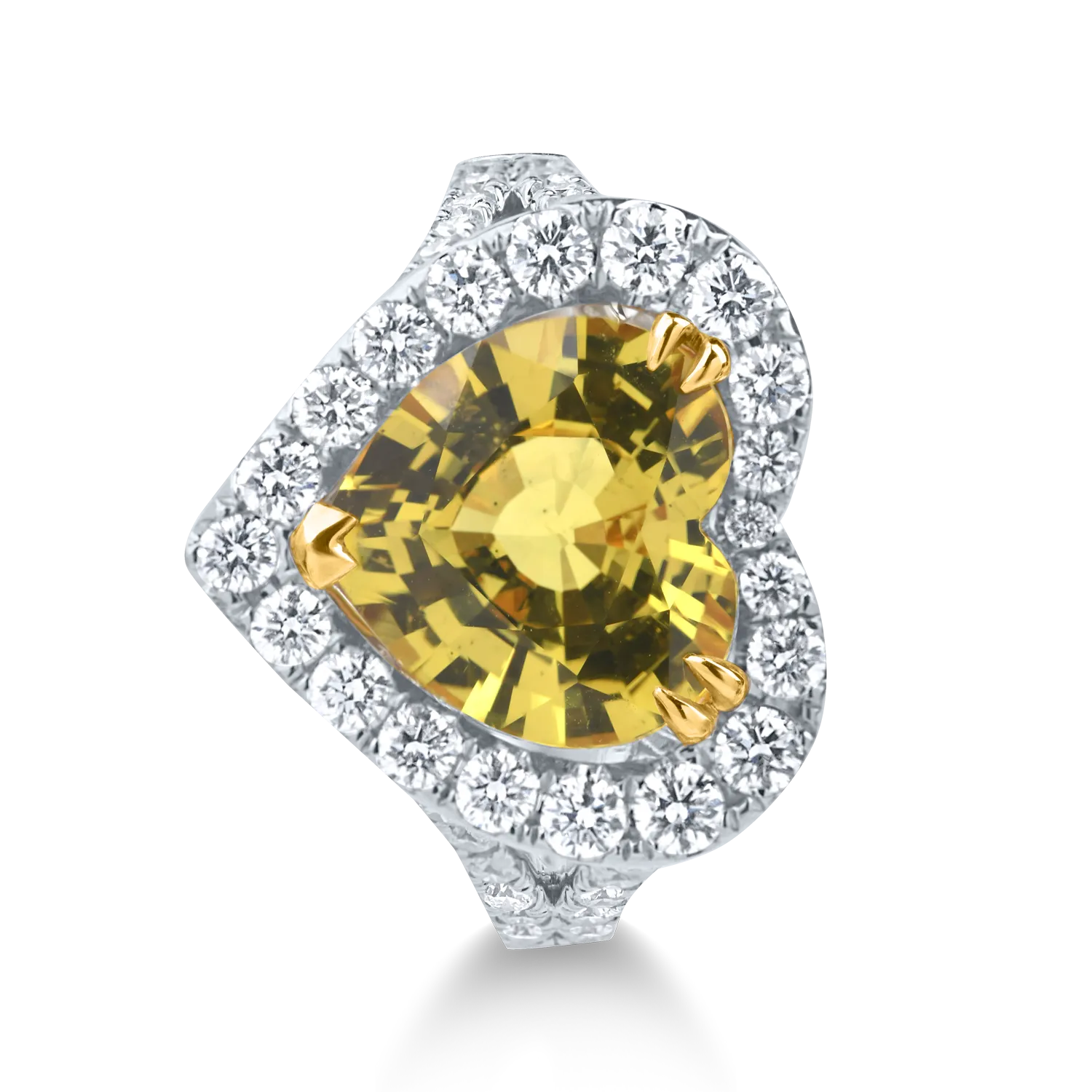 Inel inima din aur alb cu un safir galben heart de 4.6ct si diamante de 0.9ct