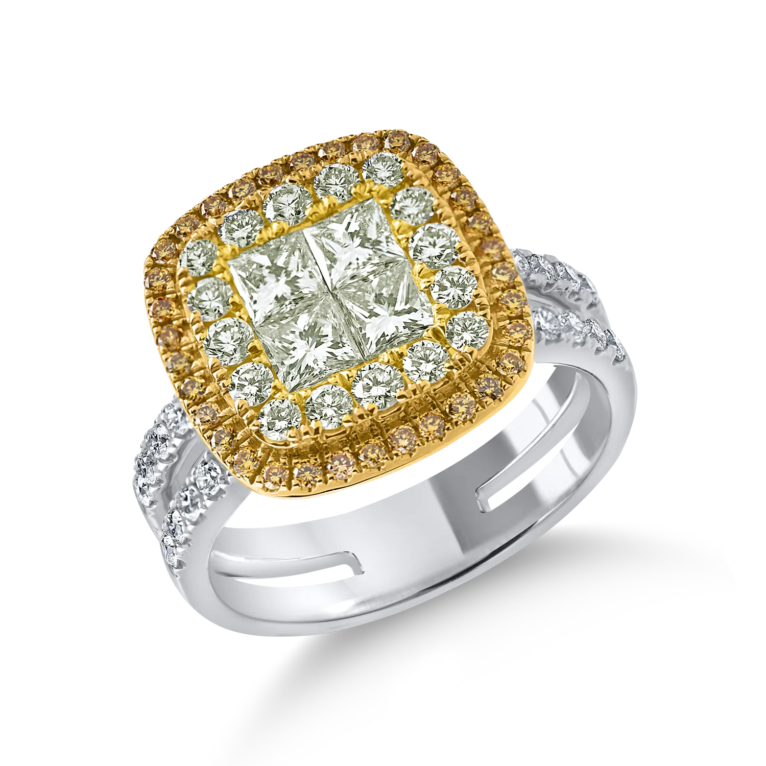 Inel geometric din aur alb-galben cu diamante galbene si incolore de 1.8ct