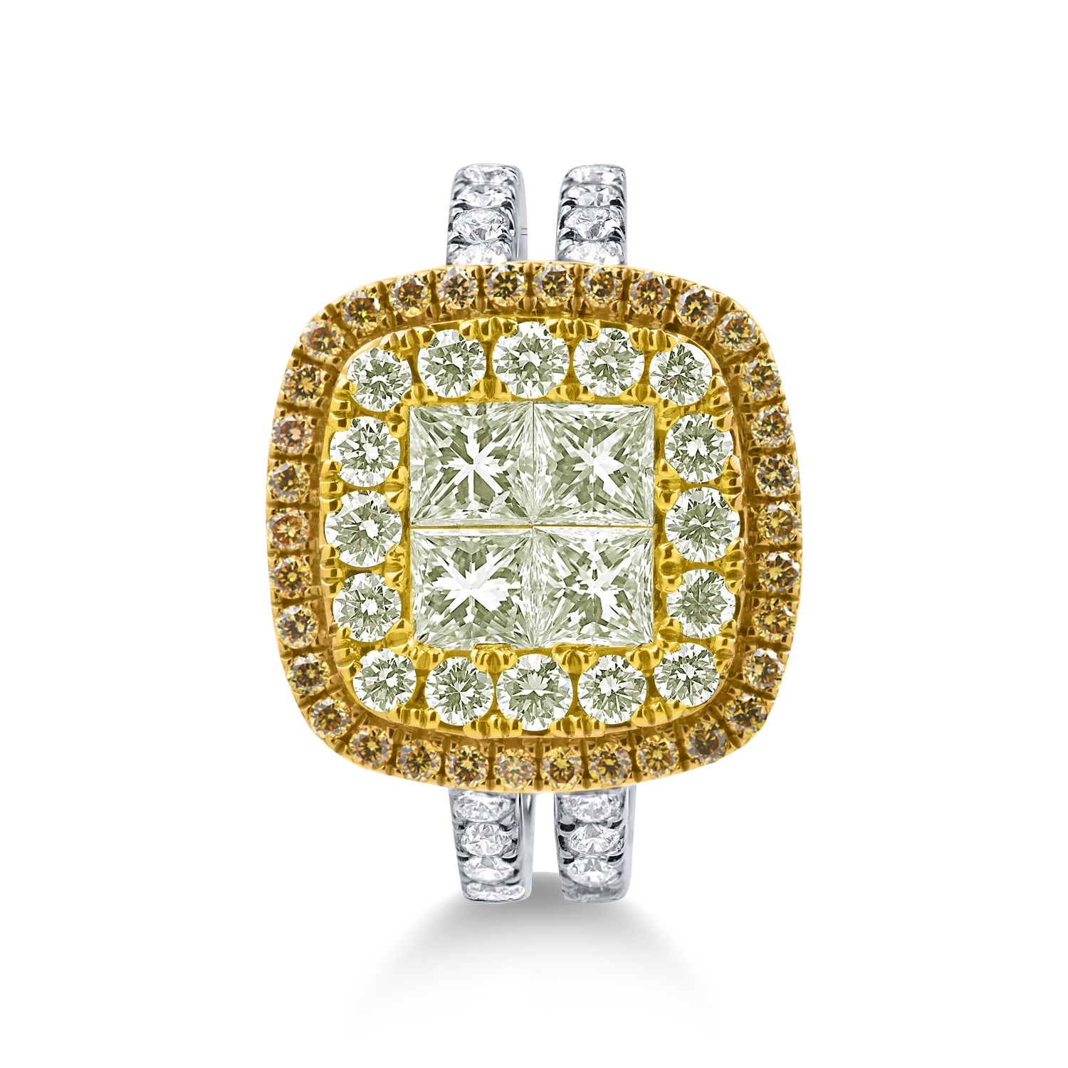 Inel geometric din aur alb-galben cu diamante galbene si incolore de 1.8ct