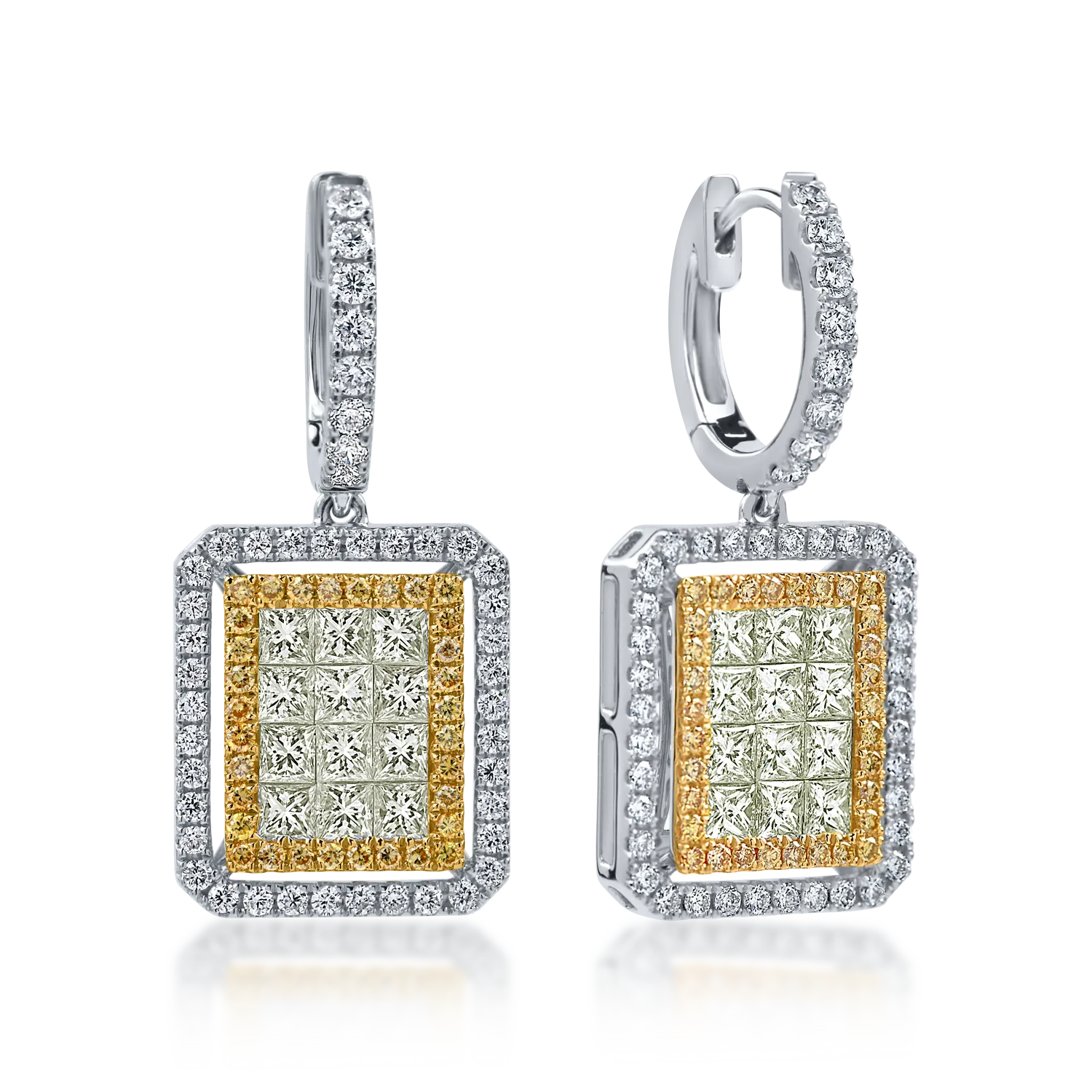 Cercei geometrici din aur alb-galben cu diamante galbene si incolore round si princess de 2.6ct