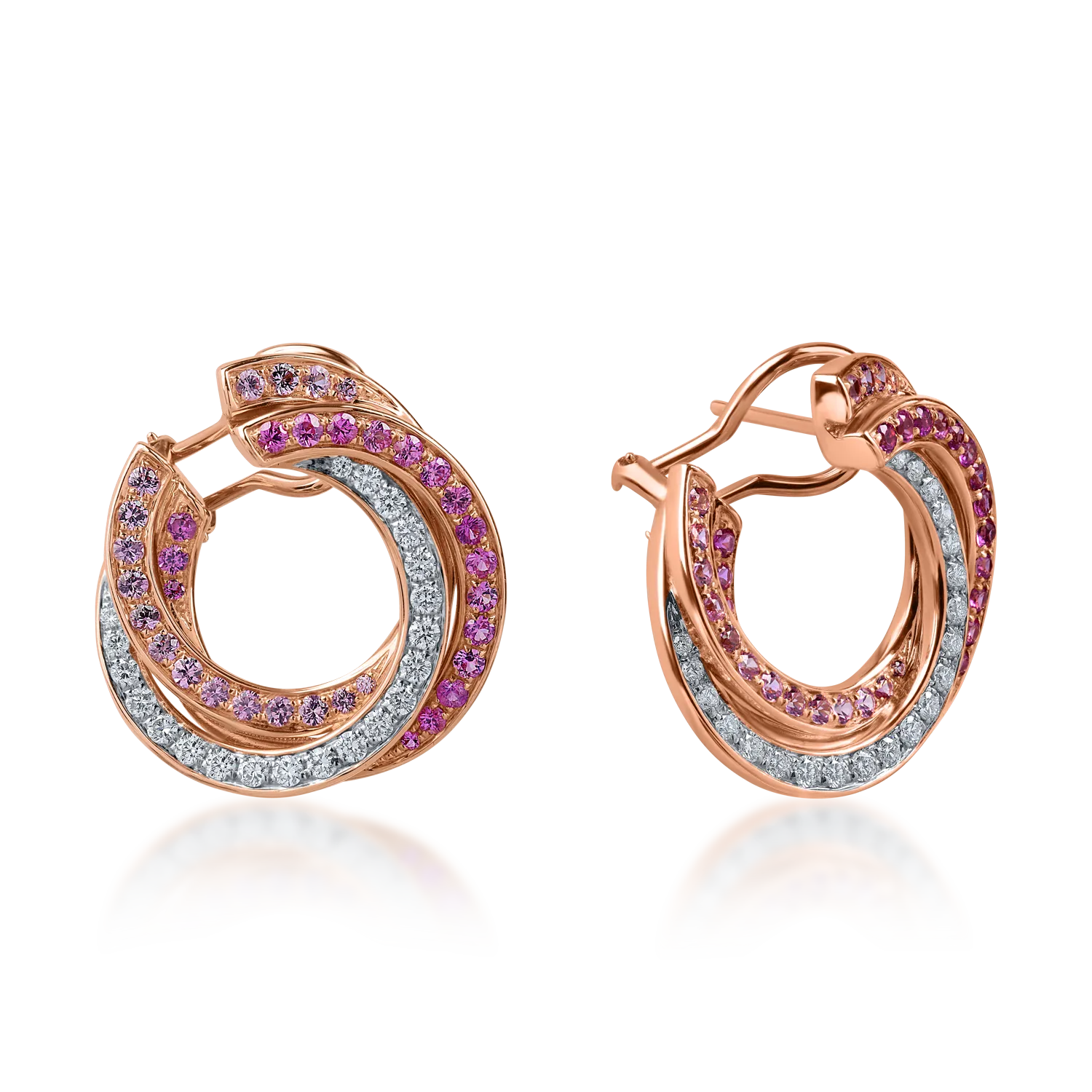 Rose gold geometric earrings with 2.3ct pink sapphires and diamonds