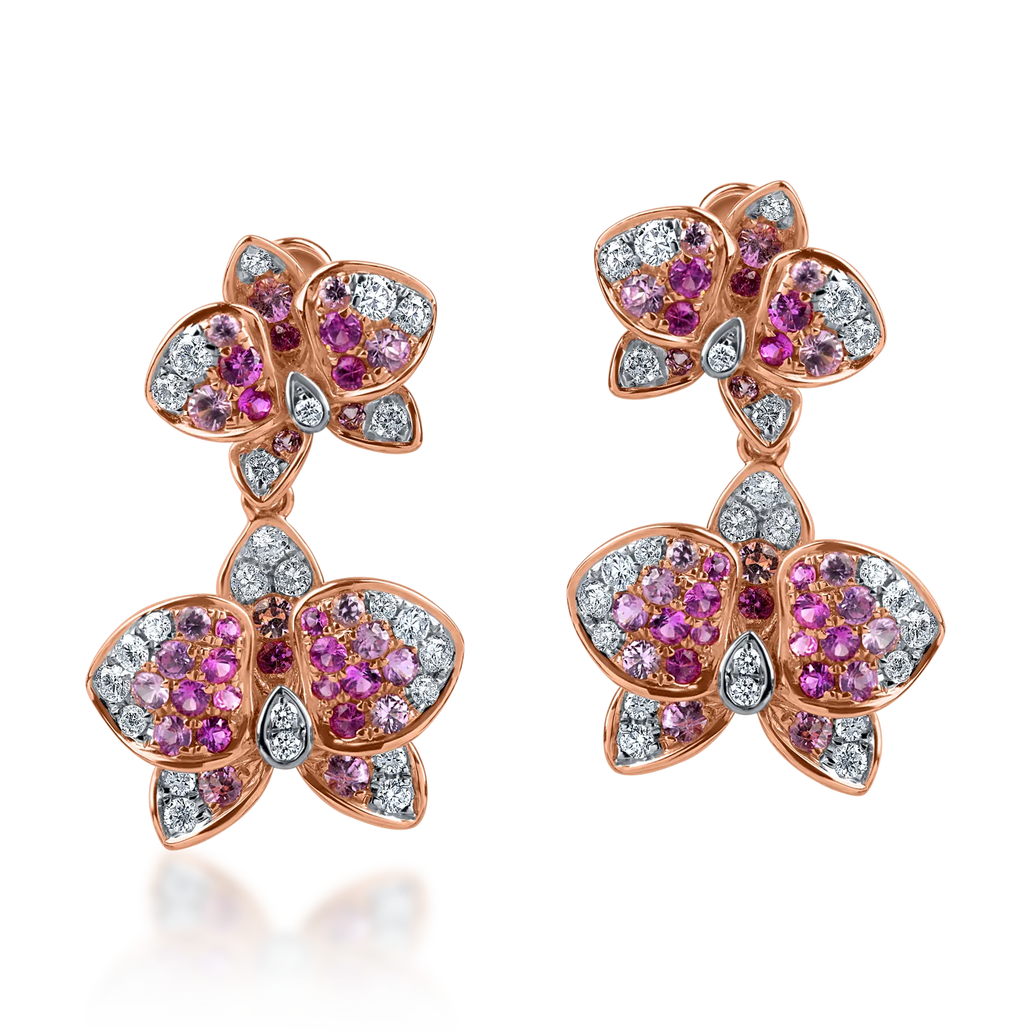 Cercei flori din aur roz cu safire roz de 0.8ct si diamante de 0.4ct