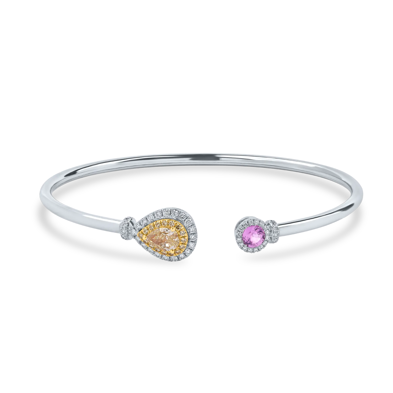 Bratara fixa deschisa din aur alb cu diamante fancy galbene pear si safir roz de 1.3ct