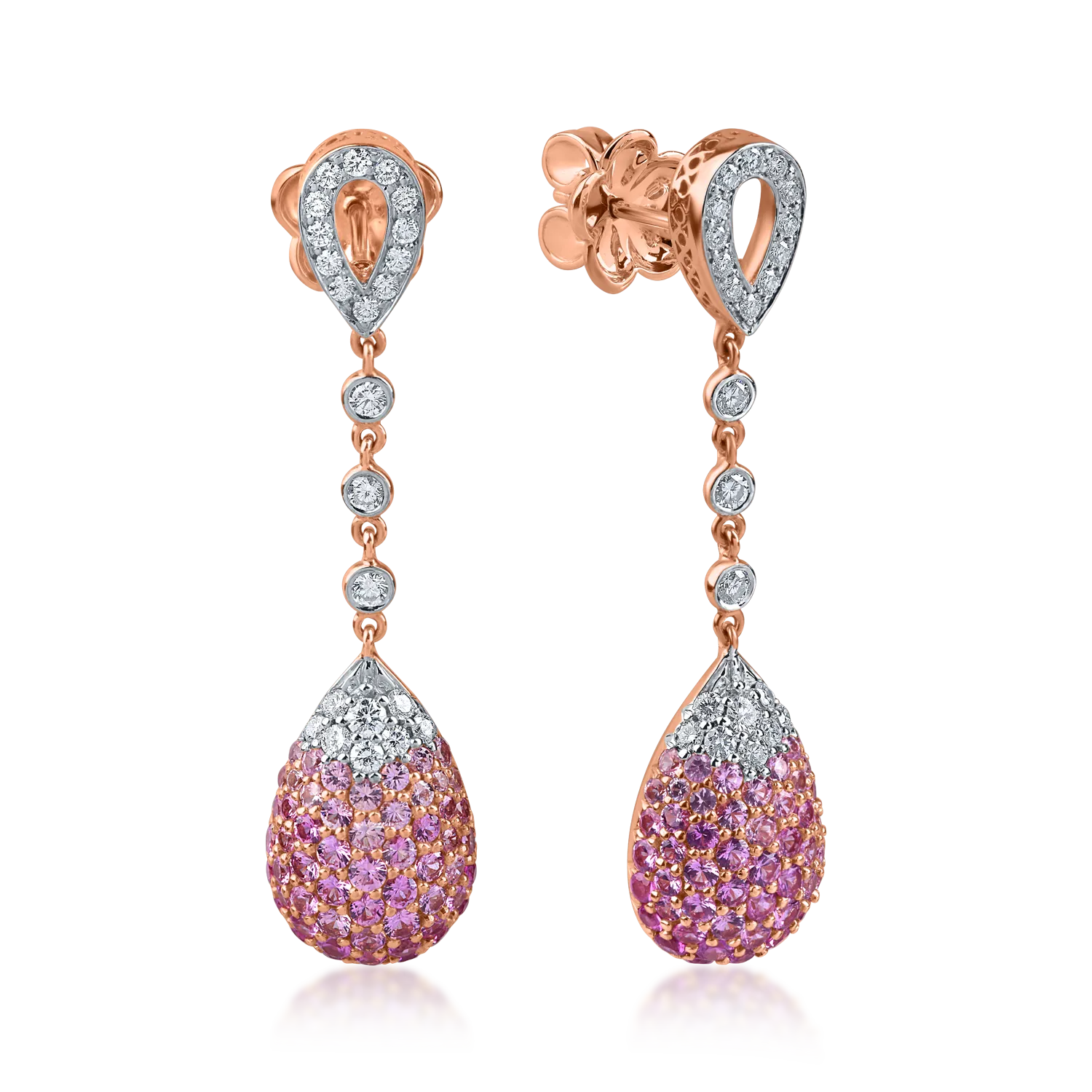 Rose gold long earrings with 2.4ct pink sapphires and diamonds