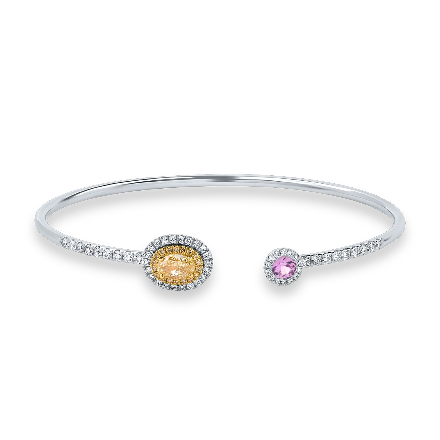 Bratara fixa deschisa din aur alb cu diamante fancy galbene pear si safir roz de 1.2ct