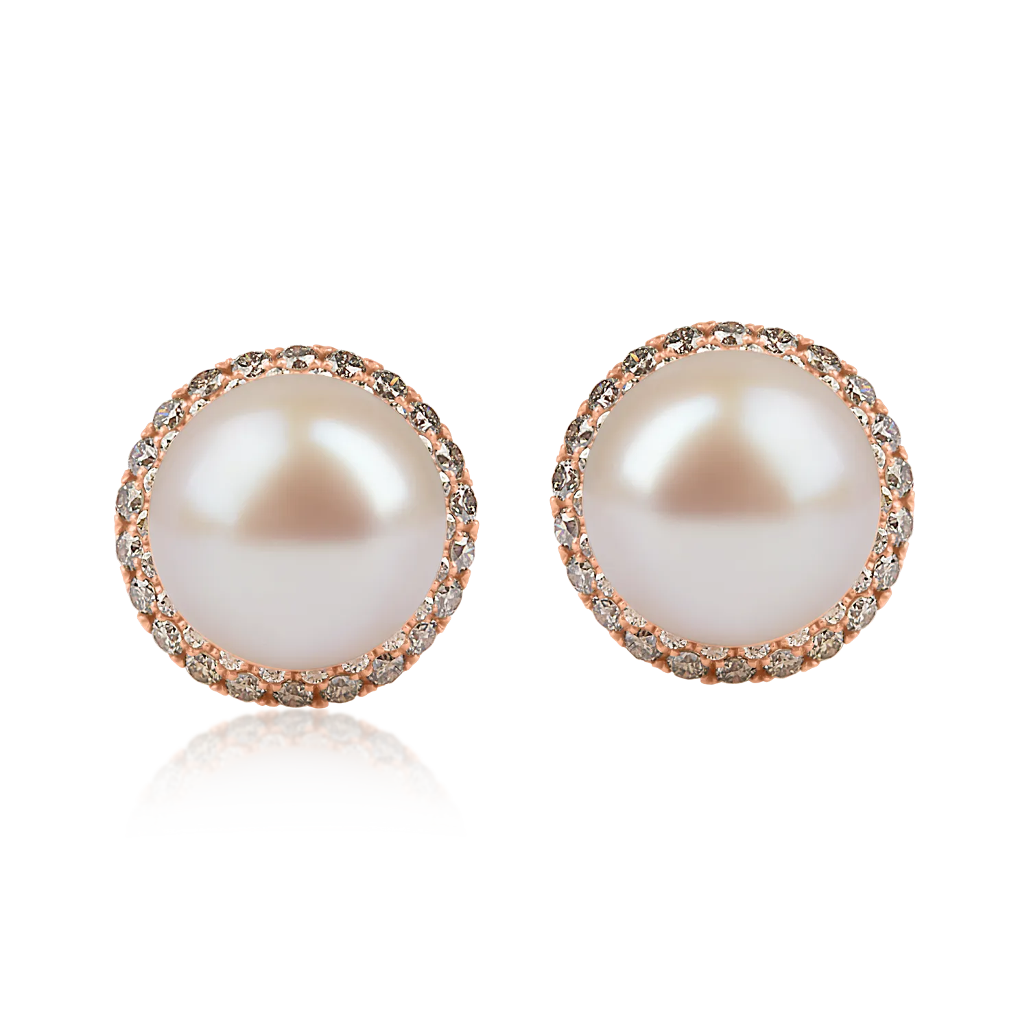 Cercei din aur roz cu diamante maro de 1.8ct si perle de cultura - 1 | YEO