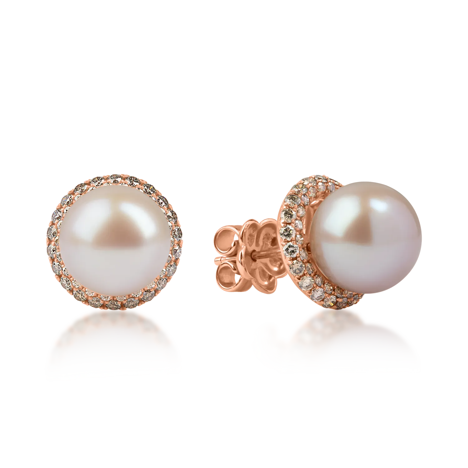 Cercei din aur roz cu diamante maro de 1.8ct si perle de cultura