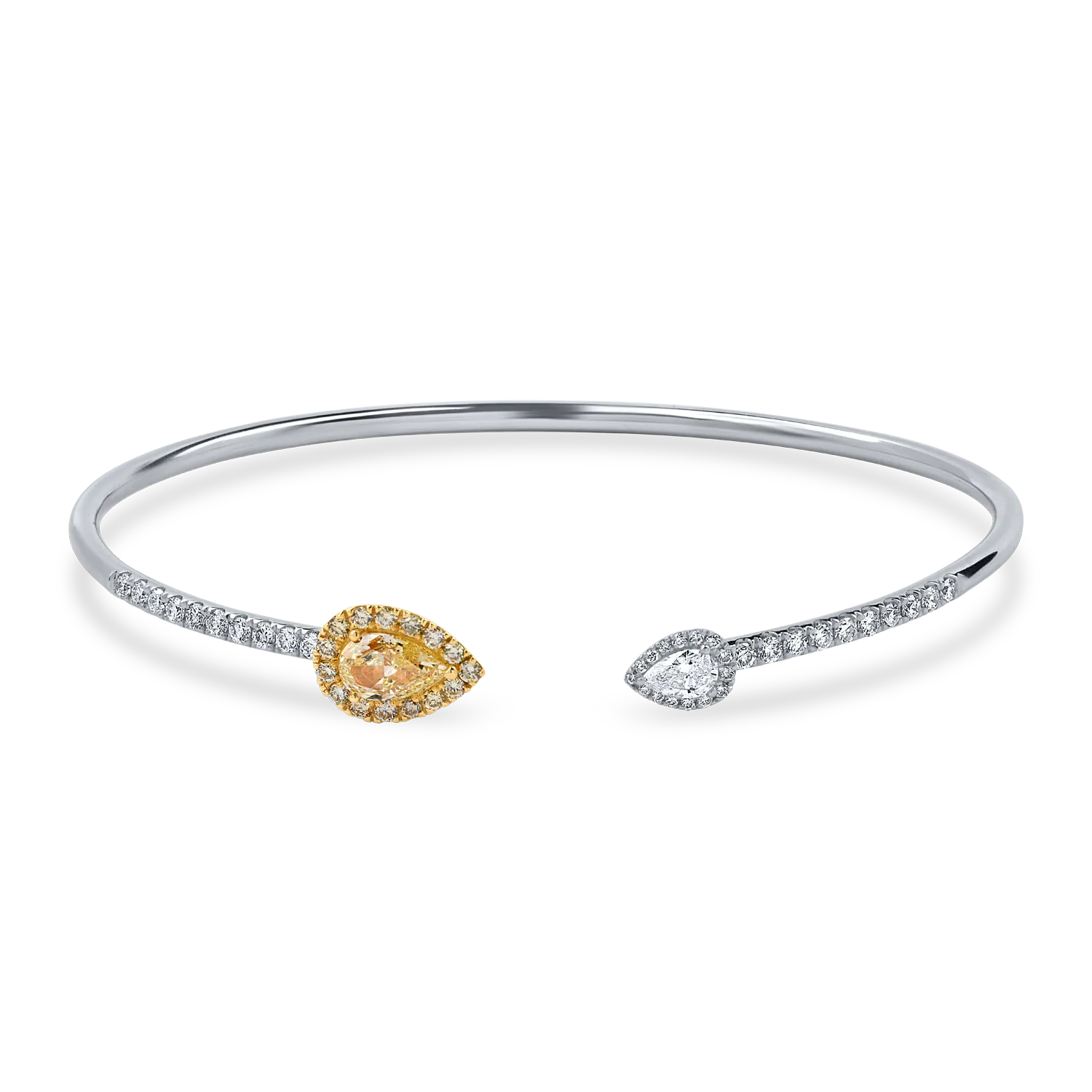 Bratara fixa deschisa din aur alb cu diamante fancy galbene pear si incolore de 1.2ct