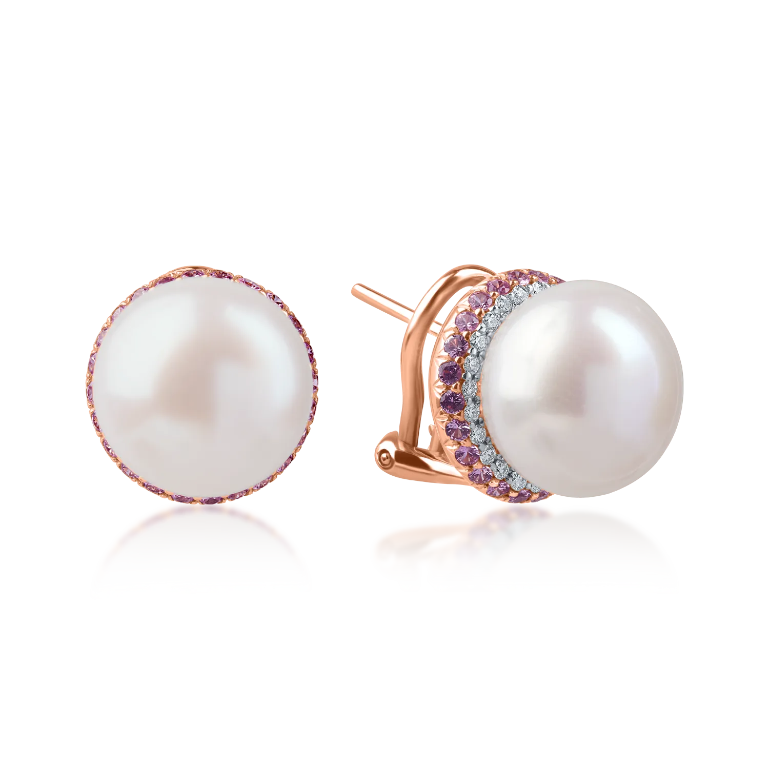 Cercei din aur roz cu perle de cultura si pietre pretioase de 0.8ct