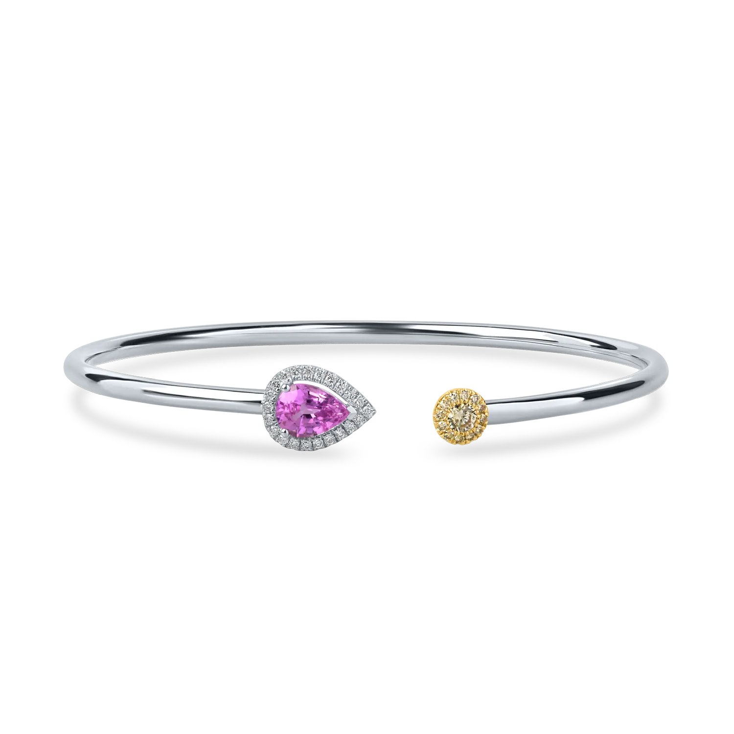 Bratara fixa deschisa din aur alb cu safir roz pear si diamante galbene de 1.2ct