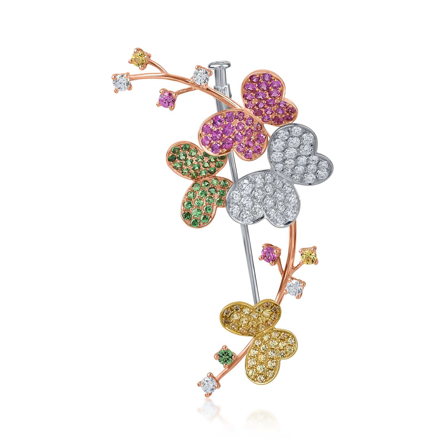 Brosa cu fluturi din aur alb-roz-galben cu pietre pretioase si semipretioase de 2.3ct