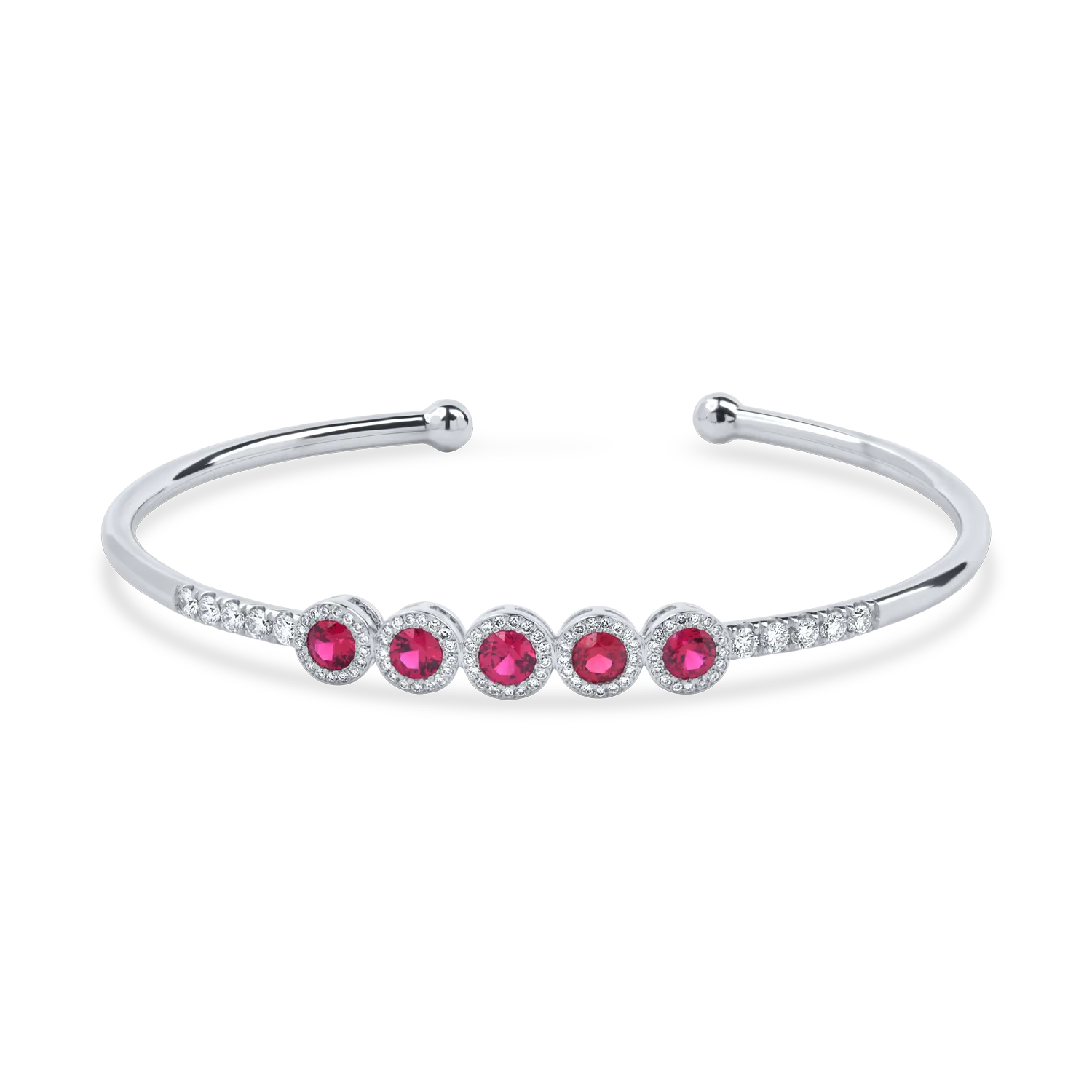 Bratara fixa deschisa din aur alb cu rubine si diamante de 1.8ct