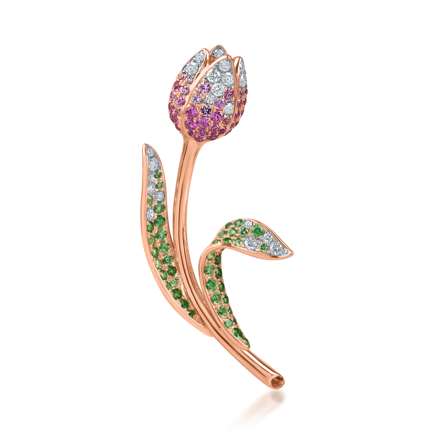 Brosa lalea din aur alb-roz cu pietre pretioase si semipretioase de 1.4ct