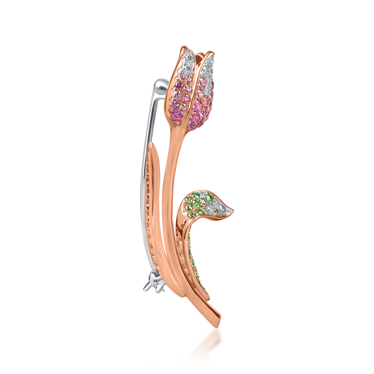Fehér rózsa arany tulipán bross 1.4ct drágakövekkel és féldrágakövekkel