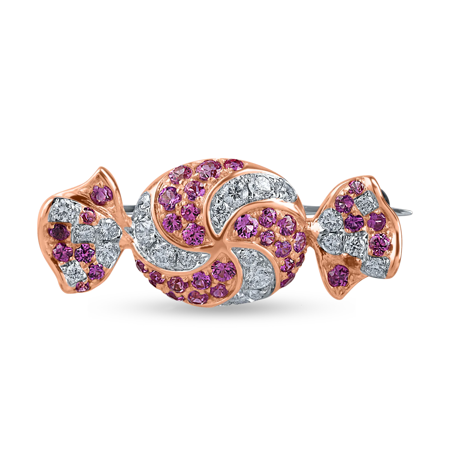 Brosa bomboana din aur alb-roz cu diamante de 0.3ct si safire roz de 0.5ct