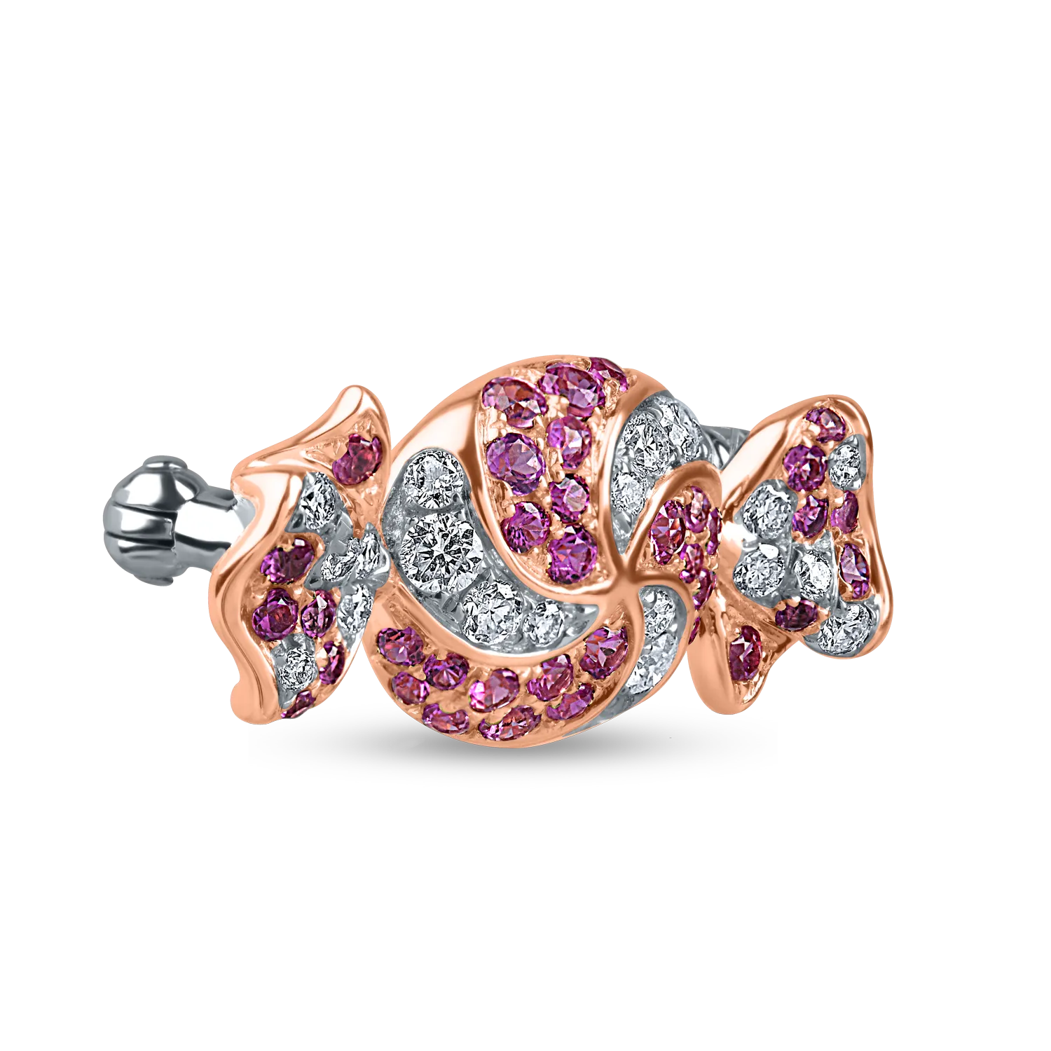 Rose-white gold candy brooch with 0.3ct diamonds and 0.5ct pink sapphires