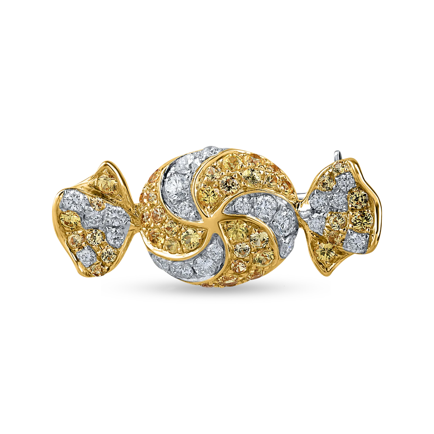 Brosa bomboana din aur alb-galben cu diamante de 0.3ct si safire galbene de 0.5ct