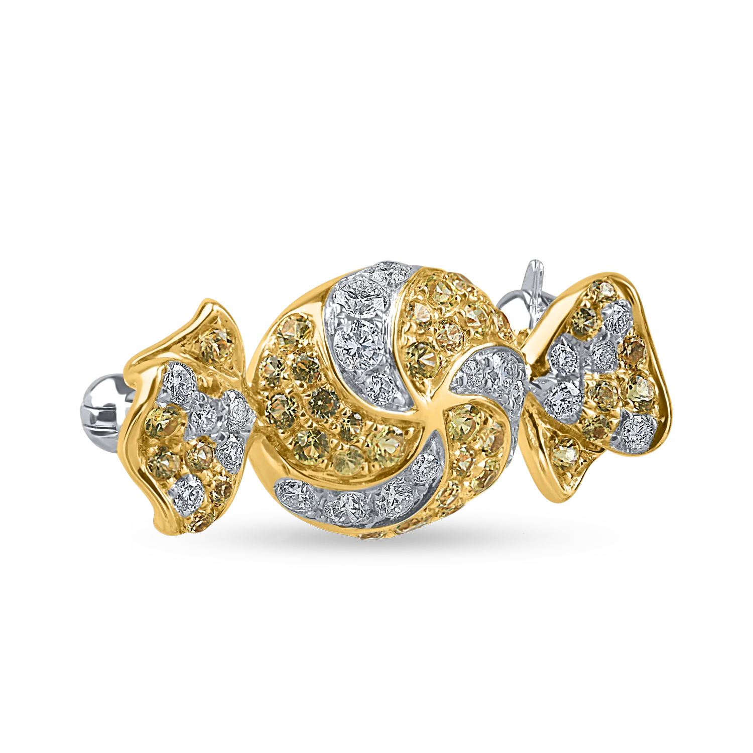 Brosa bomboana din aur alb-galben cu diamante de 0.3ct si safire galbene de 0.5ct