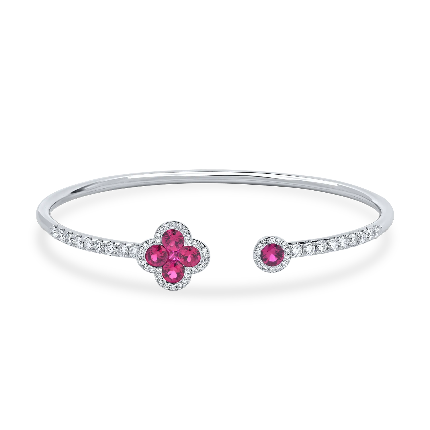 Bratara fixa deschisa din aur alb cu rubine si diamante de 2.1ct
